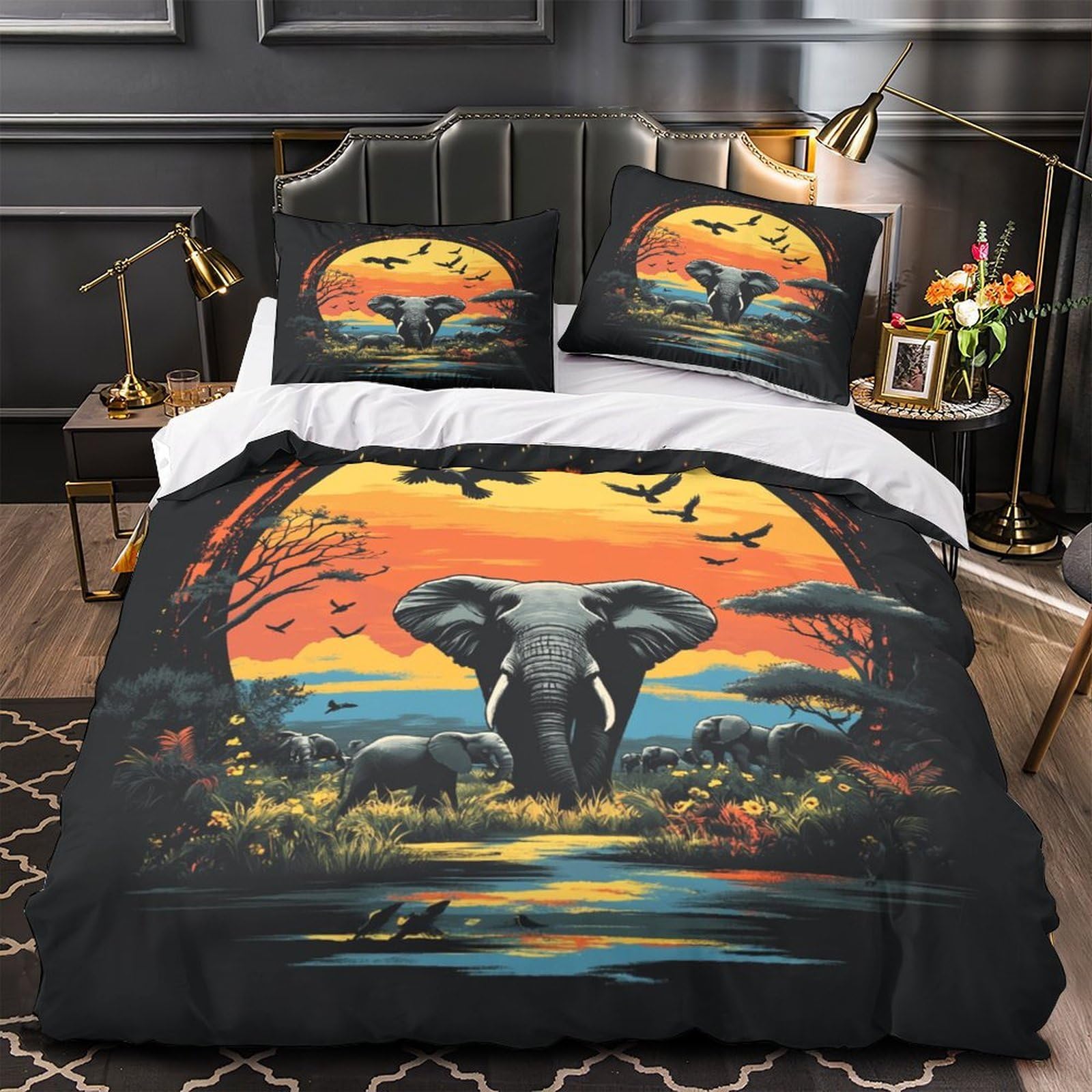 Housse de couette Éléphant d'Afrique 3D 200x200 avec 2 taies d'oreiller en microfibre pour lit double