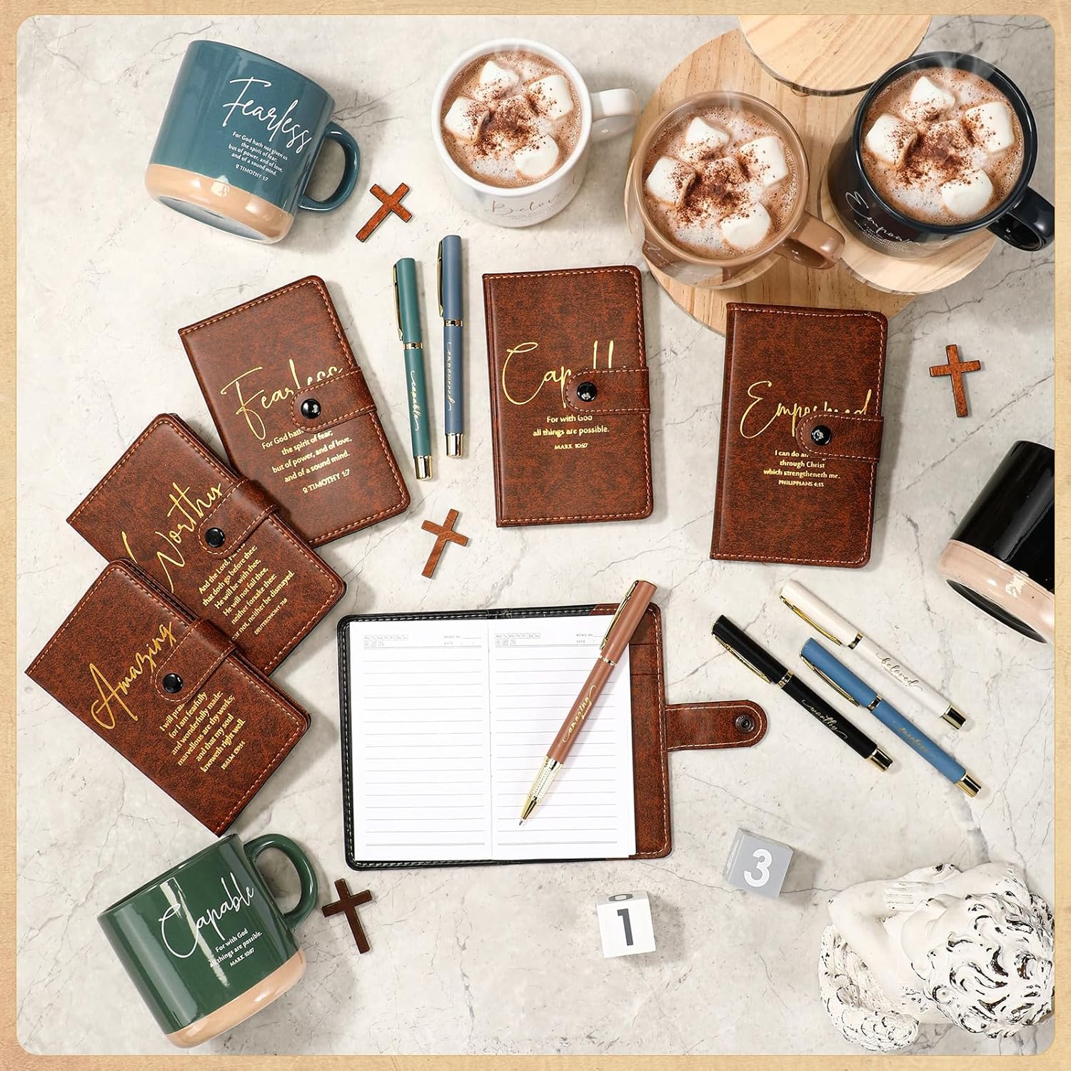 18 Pcs Christian Gift Set for Women Men, 13oz Bible Verse Ceramic Coffee Mugs with Leather Journal Pen Inspirational Religious Gifts for Office Coworkers Pastor Church (Bible,Neutral Brown)