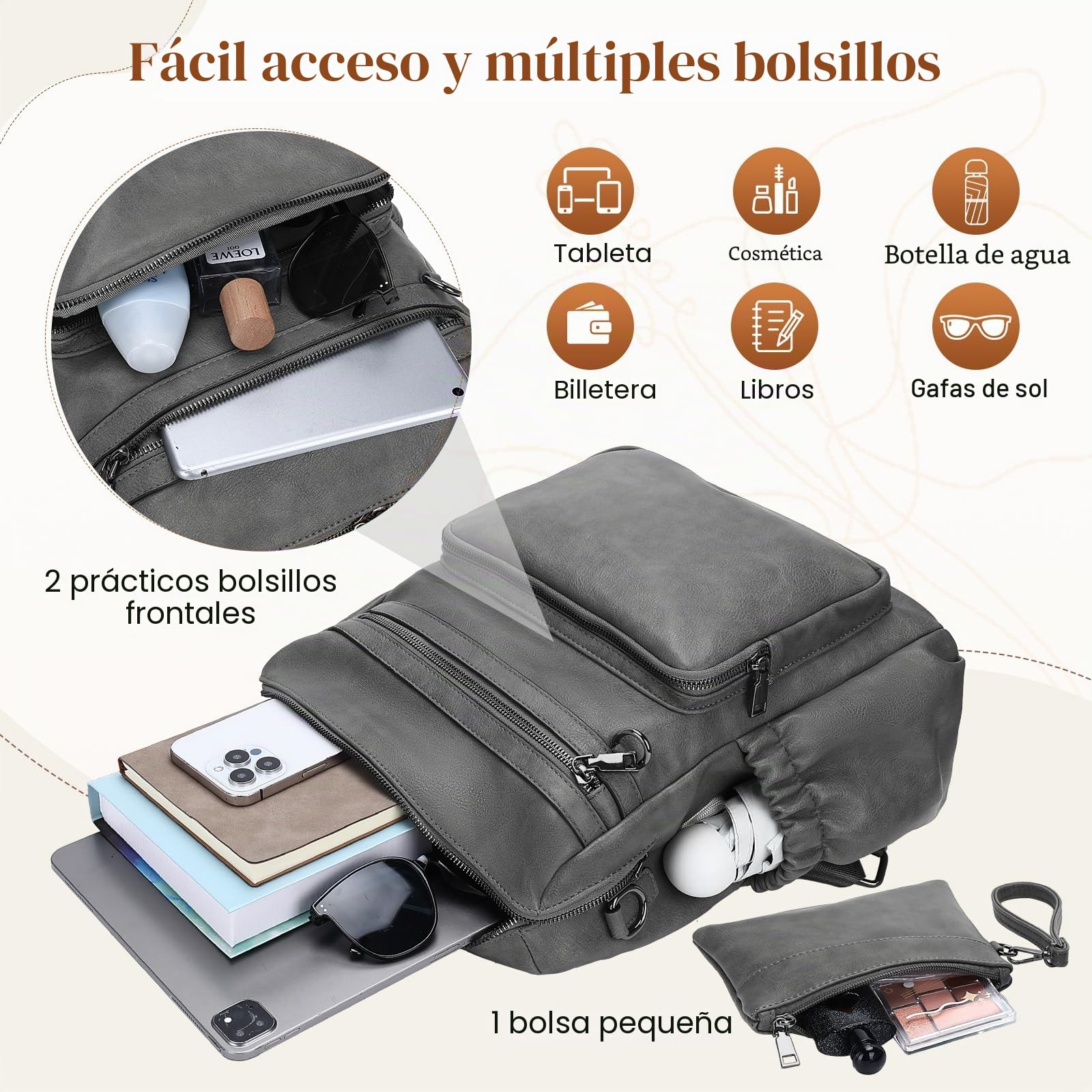 Mochila Mujer de Cuero PU Mochila Pequeña Mujer con Convertible en 2 Formas de Llevar Mochila Mujer Casual para Diario
