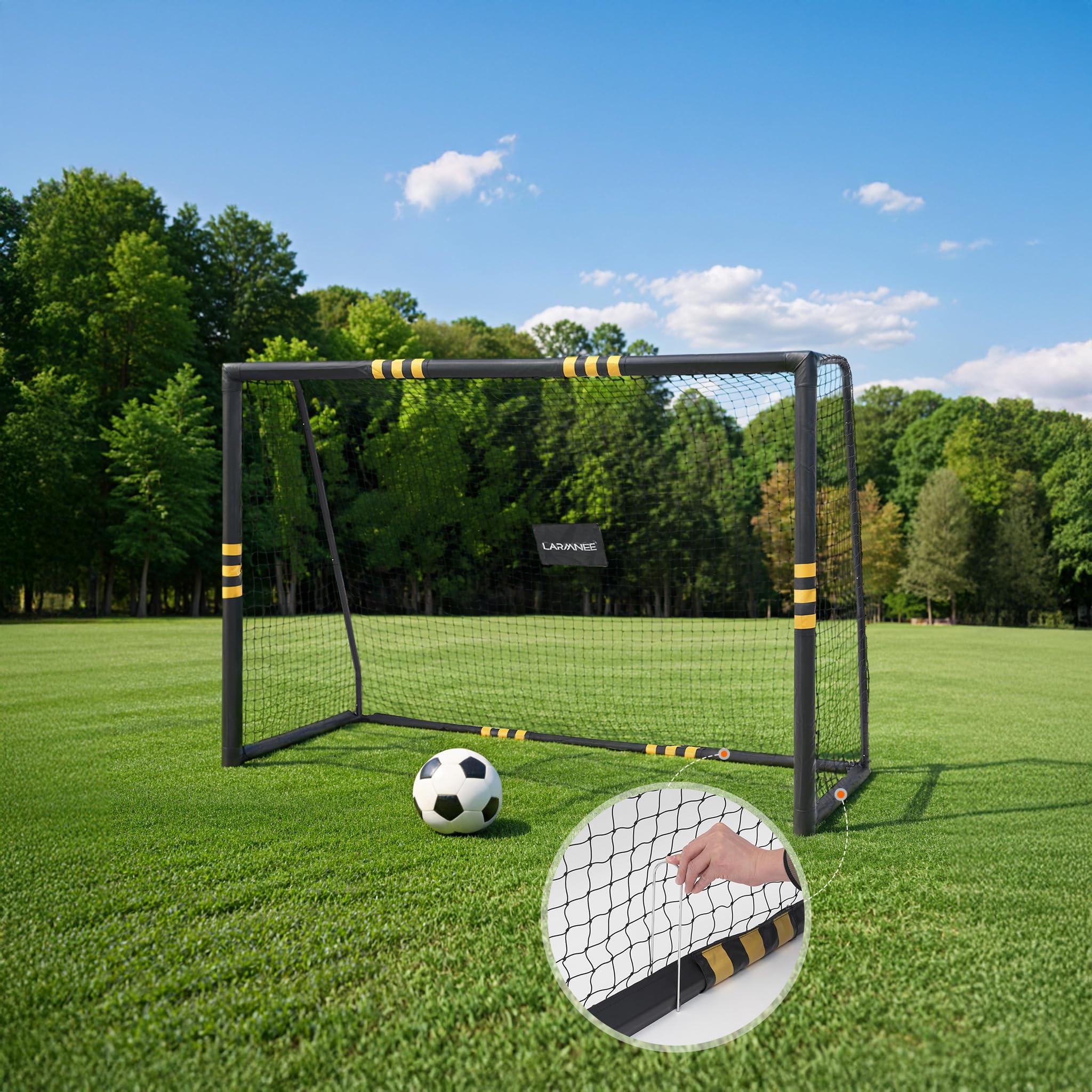 LARMNEE Portería de Fútbol 240 cm, Red de PE, Cubierta Protectora de Espuma, Resistente a la Intemperie