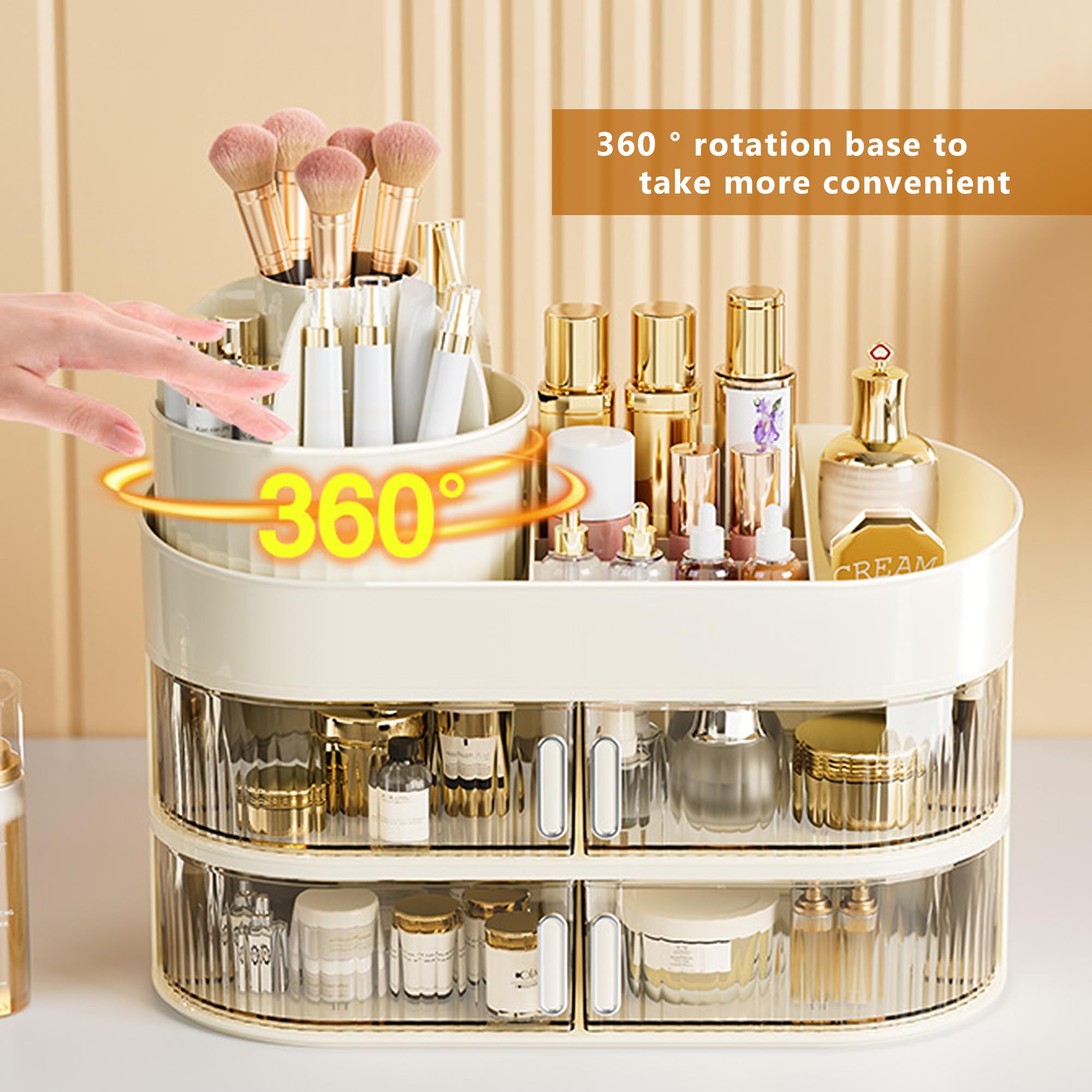 Organizzatore cosmetico girevole a 360°, a 3 ripiani, multifunzionale, scomparto 2 in 1, porta pennelli di bellezza per toeletta, camera da letto, bagno