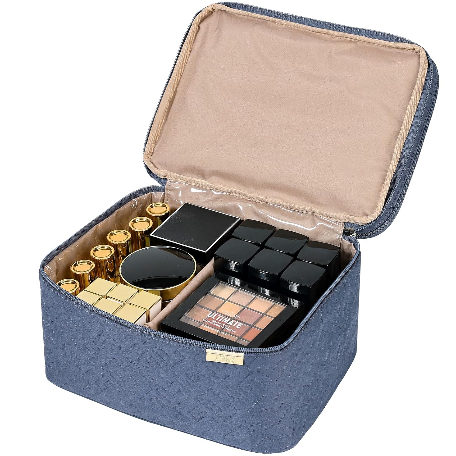 NISHEL Large Double Layer Travel Makeup Bag Women, Cosmetic Case, Organizer for Travel-Size Accessories Bottles, Brushes, Conditioner, and Skin Care Products, Aegean-Blue - Image 3