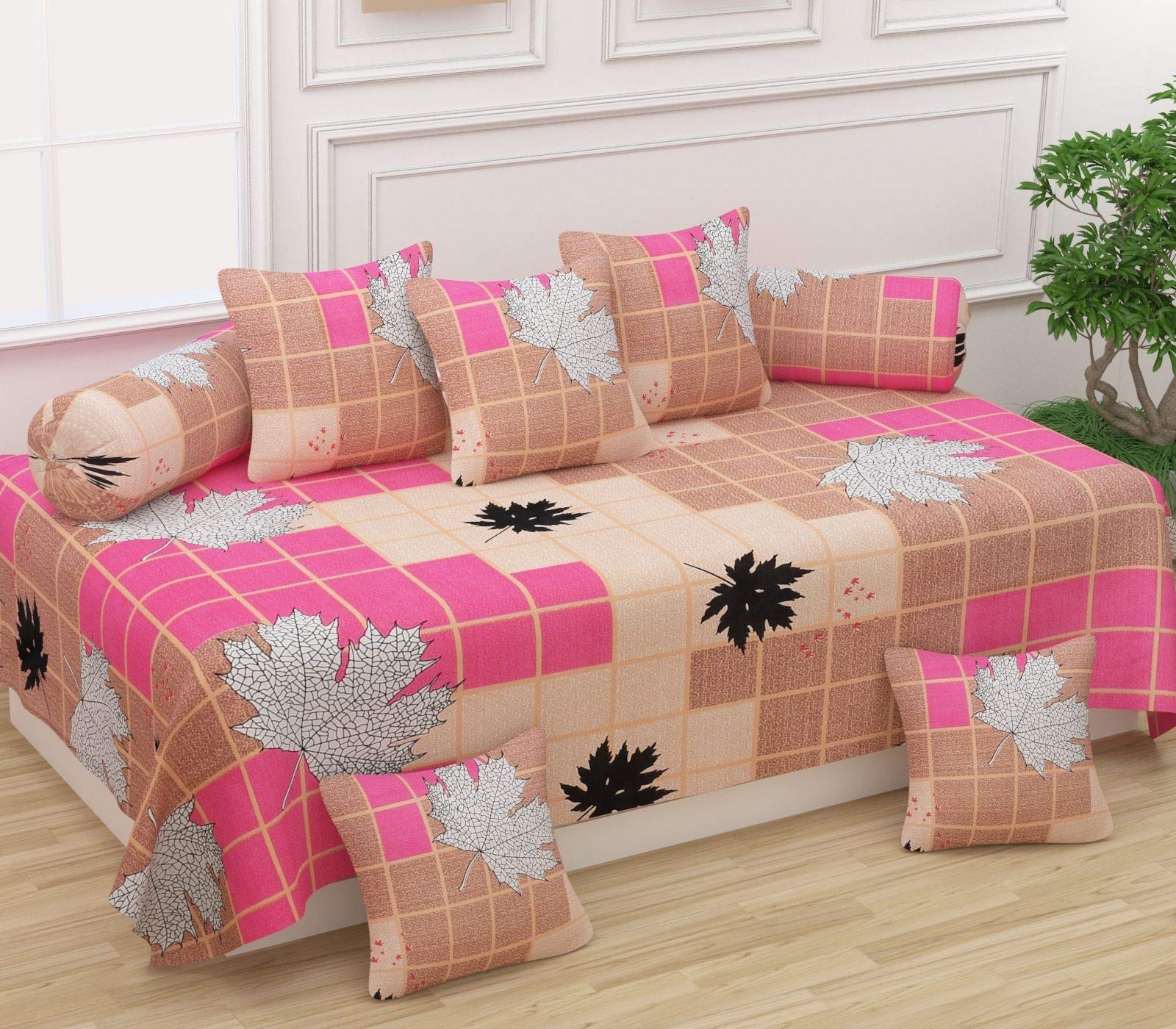 Castiqa Pure Cotton Diwan Covers Set of 8 Pieces | 1Bedsheet 2Bolster Covers 5Cushion Covers | Pattern- Leaf Print | (Beige and Pink)-picture-24