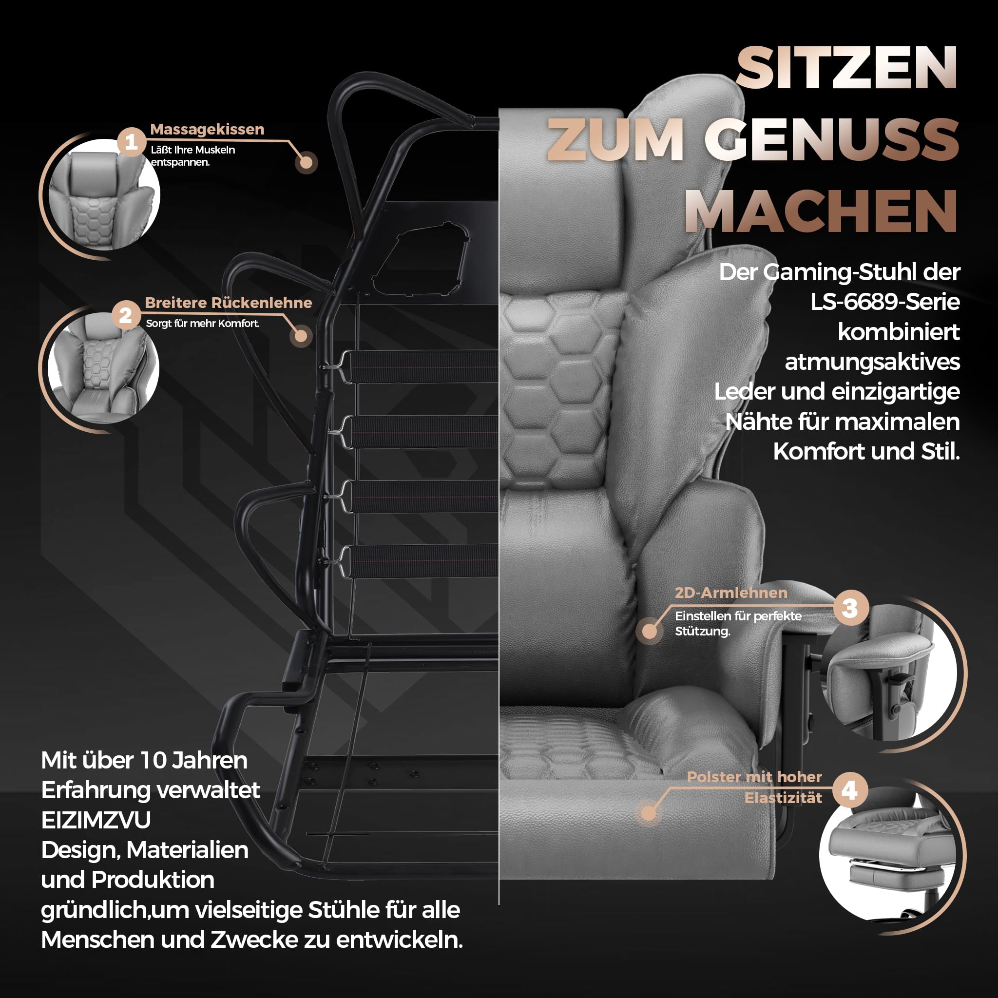 ACXIN Ergonomischer Chefsessel Bürostuhl PU-Leder mit hoher Rückenlehne, 150° verstellbar, verstellbare Armlehnen & Fußstütze für Büro, Homeoffice & Gaming (Grau, Belastbarkeit 150 kg)