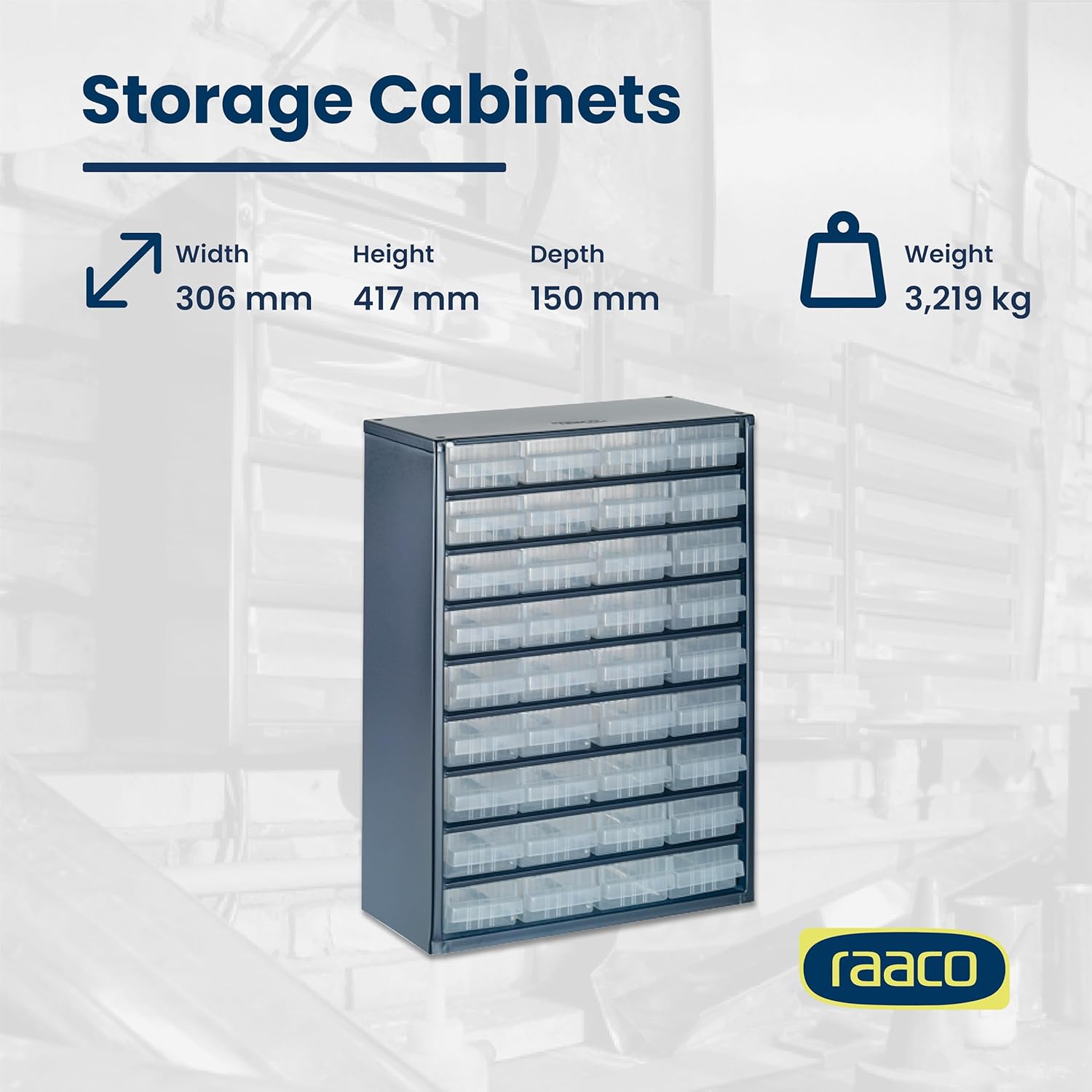 Raaco Steel Storage Cabinet, Standard 36-Drawer, Clear Polypropylene Plastic Drawer – Small Parts Organizer, Screws, Nuts & Bolts, Crafts & Hardware – Tool Cabinet for Workbench & Wall Storage (C9-36)