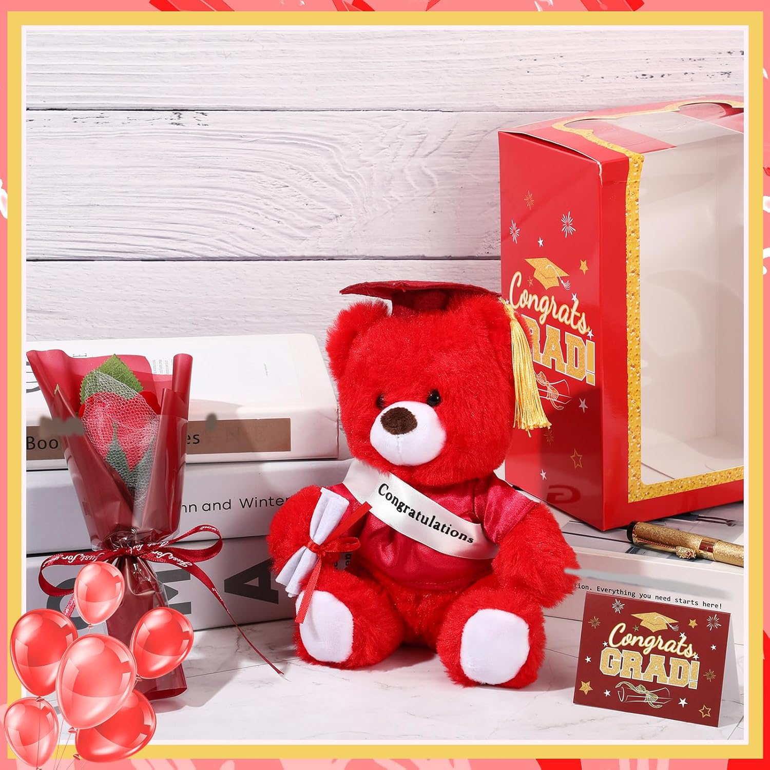 Hollowfly Graduation Bear Gifts Set Include Graduation Bear of 2026 Stuffed Animal with Cap and Gown, Artificial Flower, Graduate Gift Box with Window and Greeting Card for Him or Her (Red)
