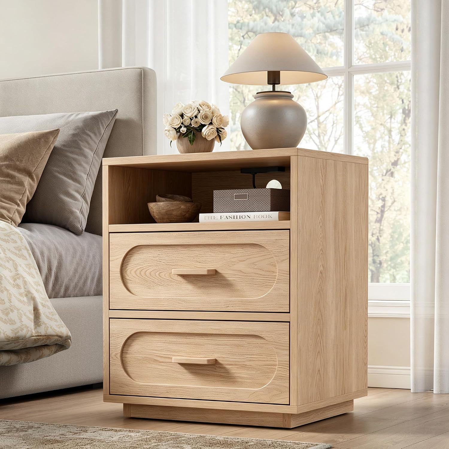 Nightstand with Charging Station, Modern End Table with 2 Drawers Storage, Space-Saving Wood Storage Cabinet with Unique Base Design, Bedside Table for Bedroom, Living Room, Natural Oak