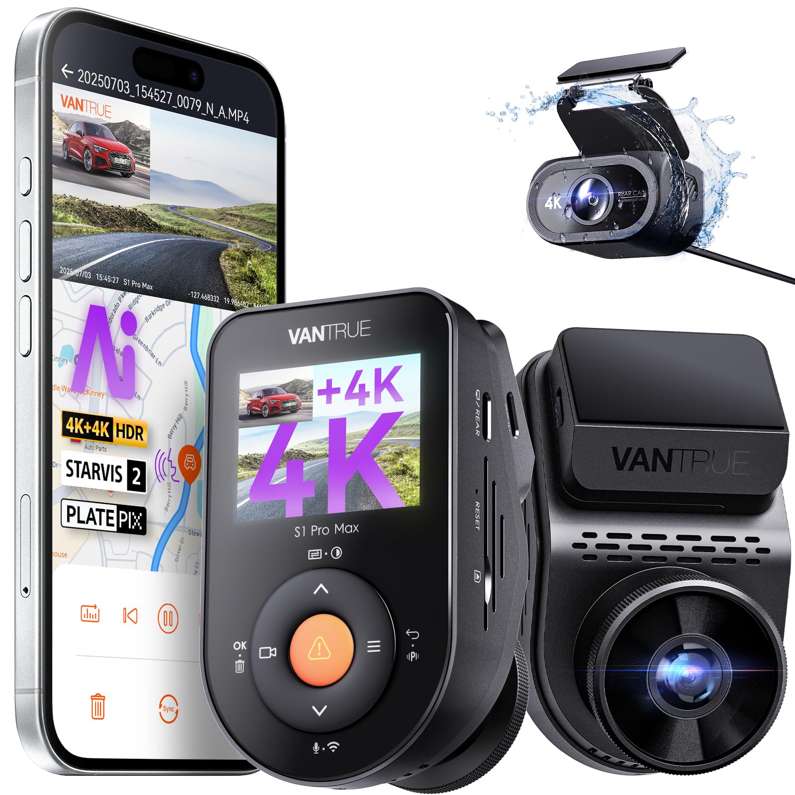 Vantrue S1 Pro Max 4K+4K Dash Cam Front and Rear, Dual 2160P Dash Camera with STARVIS 2 HDR PlatePix™ Night Vision, 5.8GHz WiFi, GPS Speed, 24/7 Parking Mode, ADAS/BSD, Supports 1TB Max