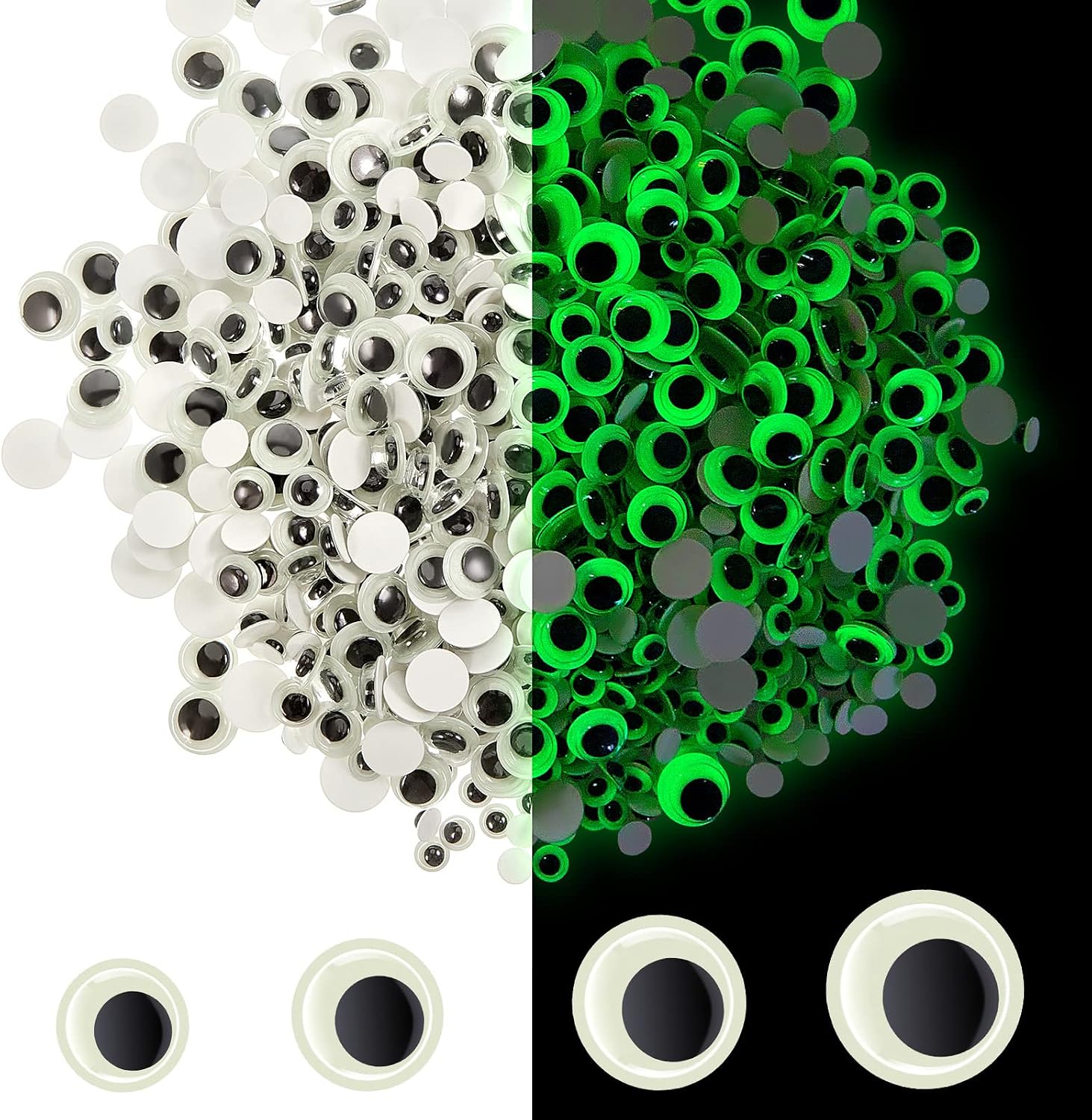 Lewtemi 1000 Pcs Black Wiggle Googly Eyes Self Adhesive 6mm -12mm Glow in The Dark Googly Wiggle Eyes Craft Eyes Plastic Sticker Eyes for Christmas DIY Decoration