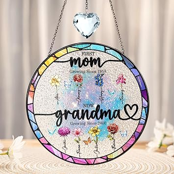 First Mom Now Grandma Stained Glass Crystal Suncatcher Personalized Grandkids Name Birth Month Flowers Grandma Garden Christmas for Nana Mimi from Kids Window Indoor Hanging Decor