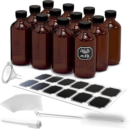 Nevlers Paquete de 12 botellas de vidrio ámbar | Juego de botellas de extracto de vainilla de 8 onzas | Tarros de vidrio ámbar de 8 onzas con tapas,