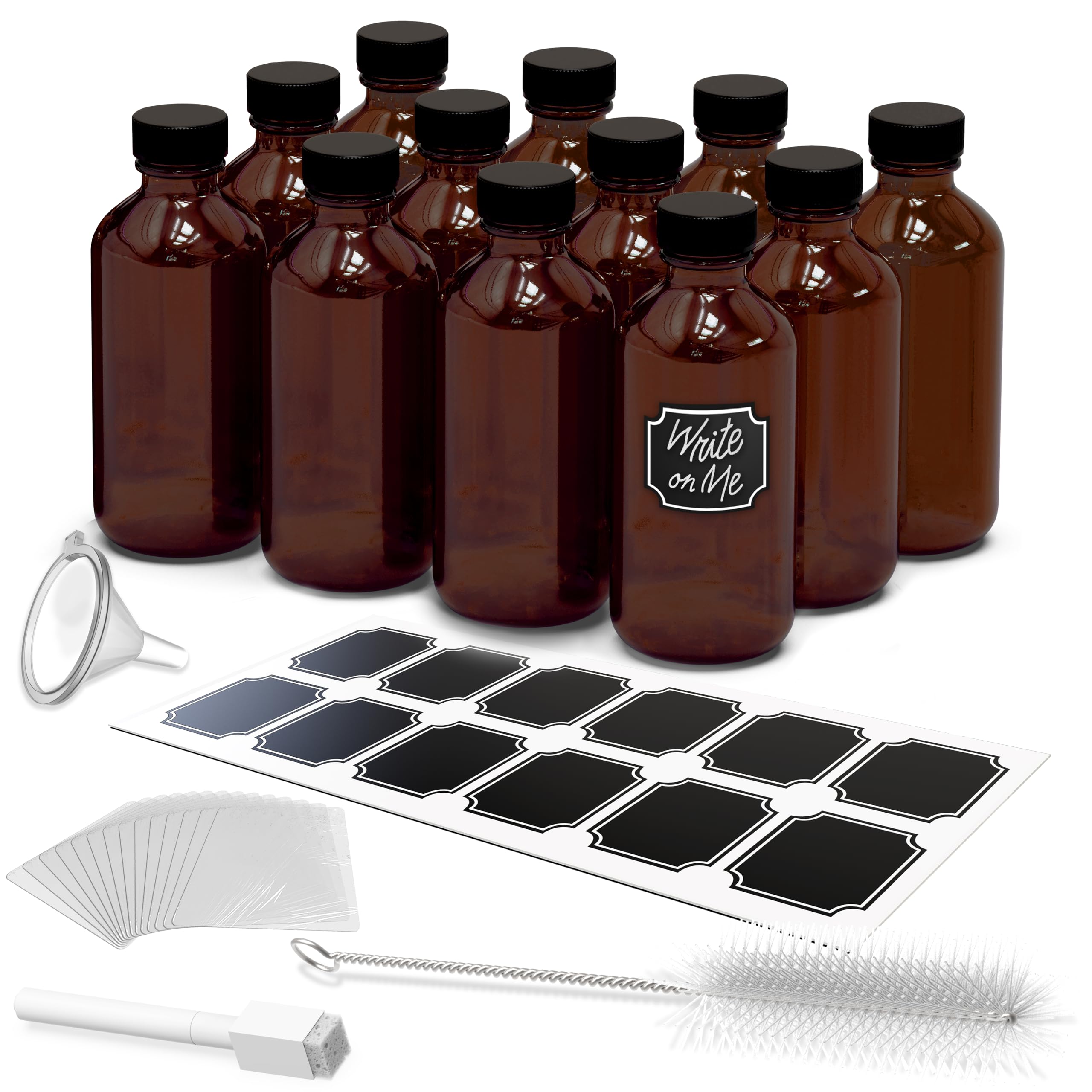 Nevlers Amber Glass Bottle 12 Pack | 8 Oz Vanilla Extract Bottles Set | 8oz Amber Glass Jars with Lids, Shrink Wrap, Labels, Funnel & More | Use for Ginger Shots & Vanilla Bottles for Gift Giving