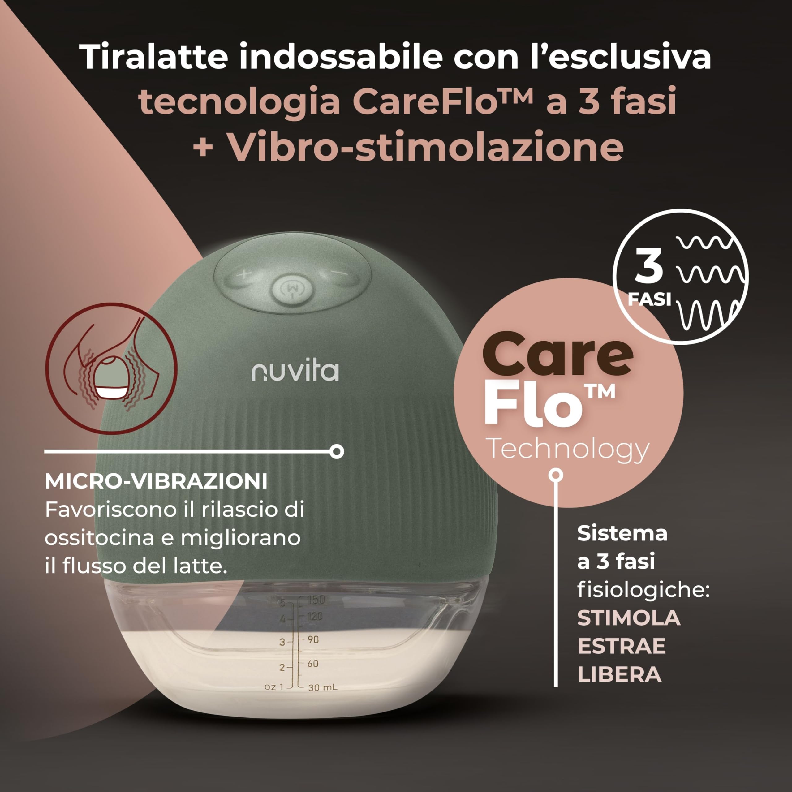 Nuvita 1264W Tiralatte Elettrico Indossabile 3 Fasi con Vibro-Stimolazione – Silenzioso, Portatile, Batteria Ricaricabile USB-C, 4 Cicli Completi, Coppa Silicone 24mm con Riduttori, Custodia Rigida