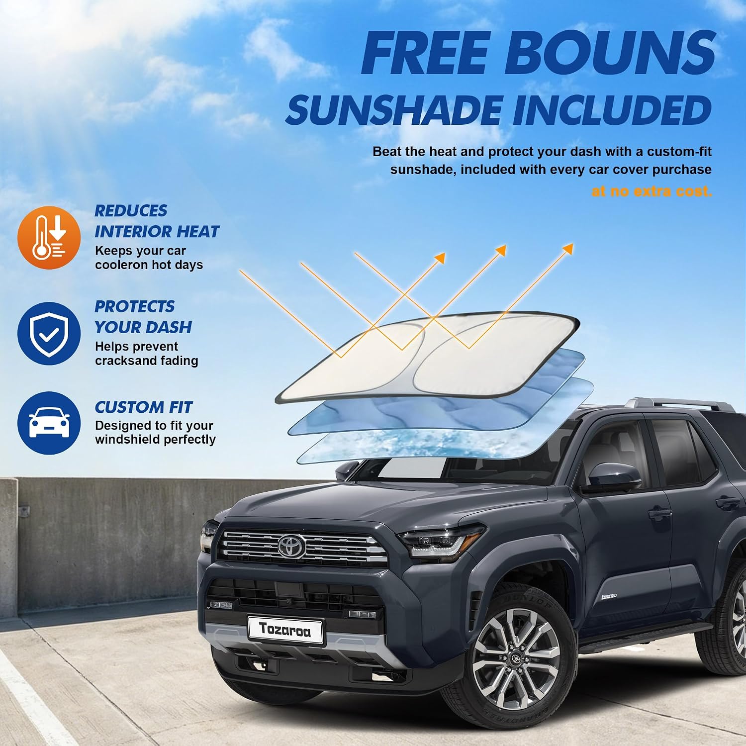 Toyota 4Runner Car Cover Waterproof All-Weather with Windshield Sun Shade and Breathable Vents,Driver Door Zipper,Heavy Duty UV-Resistant (Includes a Towel)