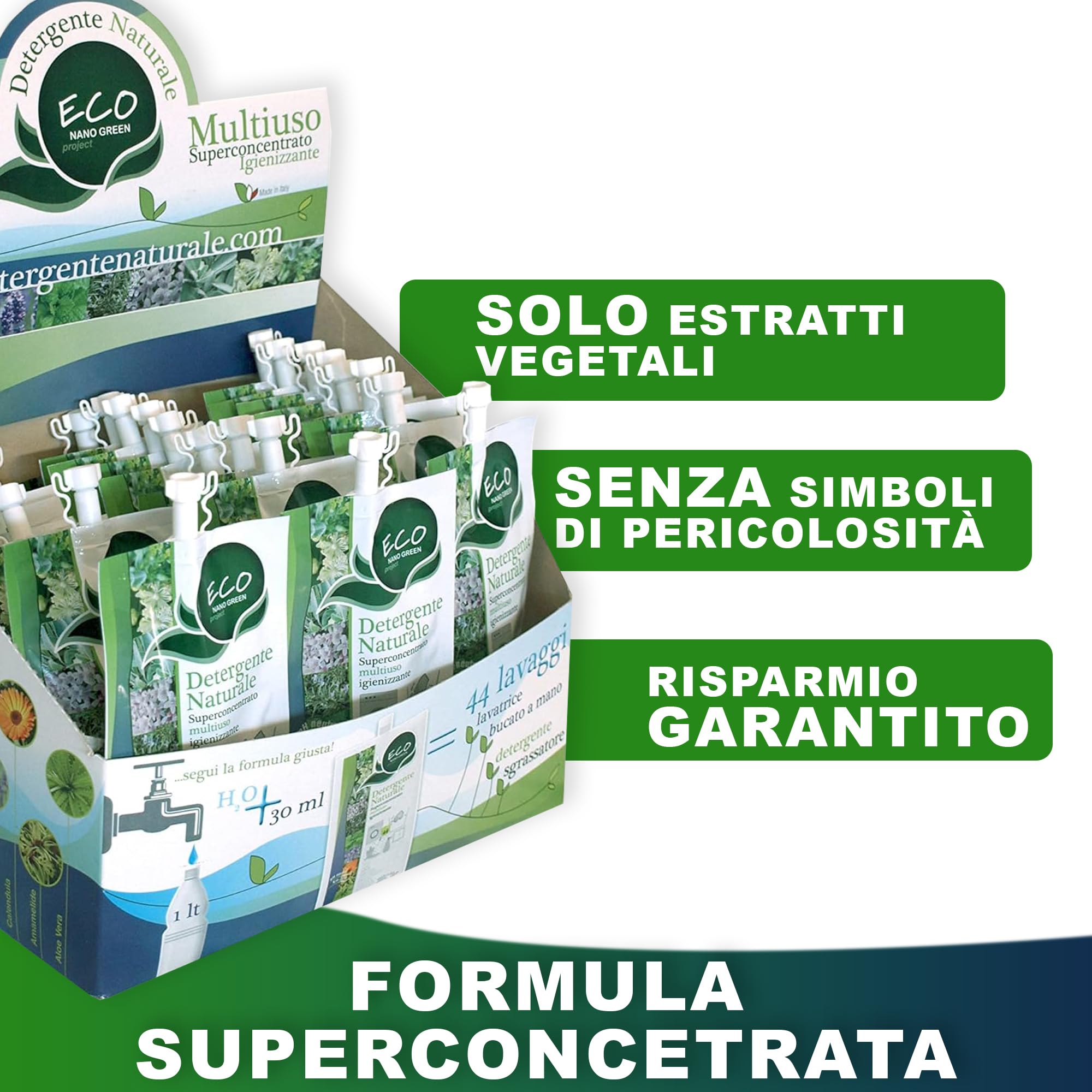 ECONANO GREEN PROJECT - Detergente Biologico Multiuso Superconcentrato 100% Naturale - Formato Risparmio con espositore 36 bustine