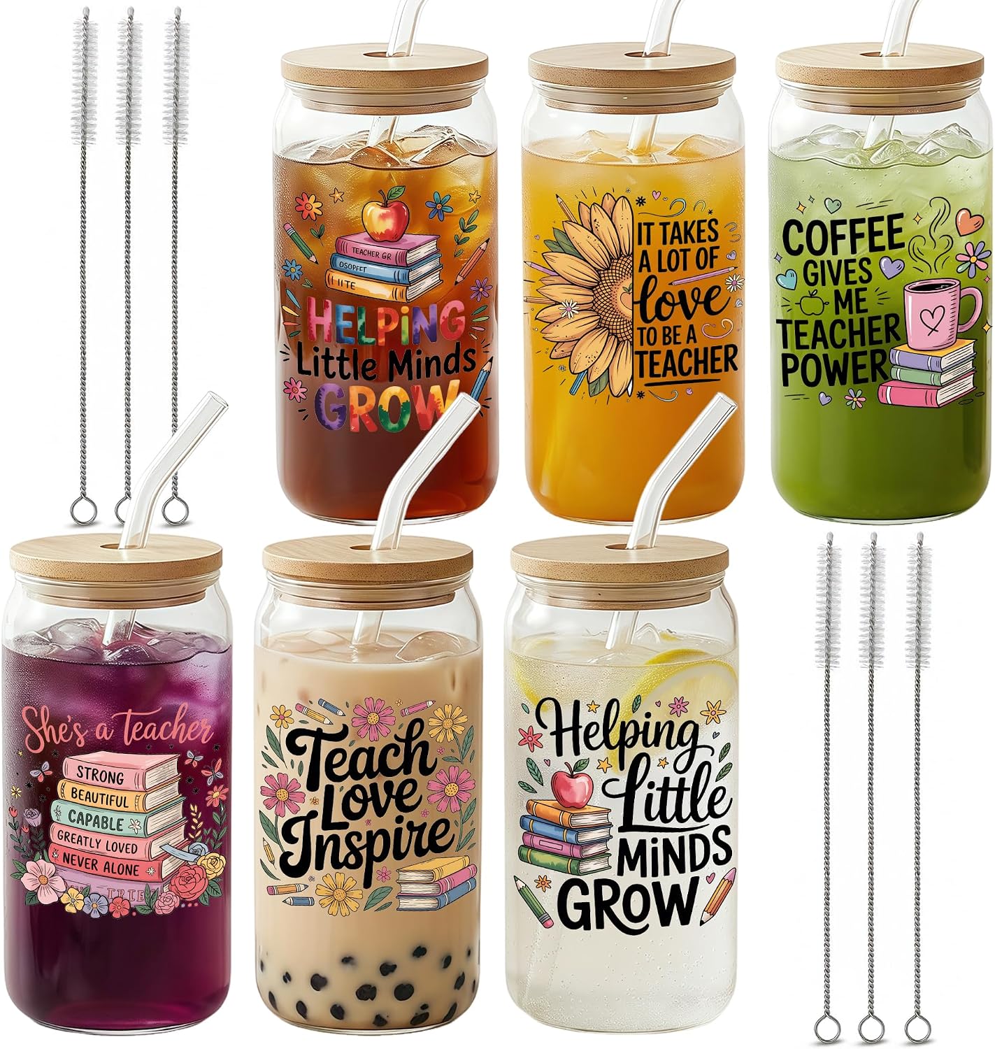 6-Piece Set Teacher Appreciation Gifts in Bulk,Best Teacher Ever - Thank You Teachers Gift for Teacher's Week,End of Year,Back to School,Teachers Themed 16 oz Glass Cup with Lid and Straw