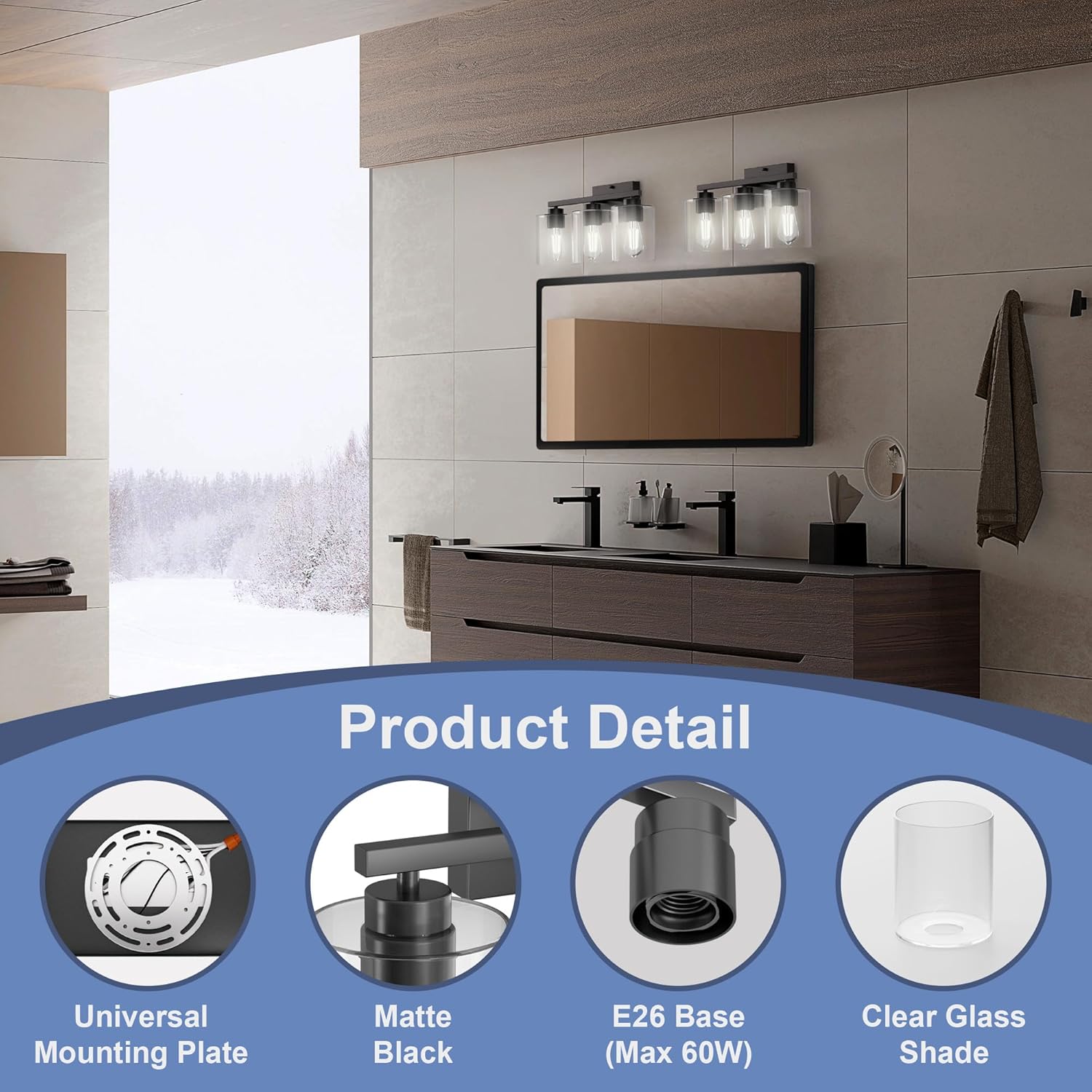 Honesorn Bathroom Vanity Light, 3 Light Fixtures, Matte Black With Clear Glass Shade, Modern Over Mirror, E26 Base