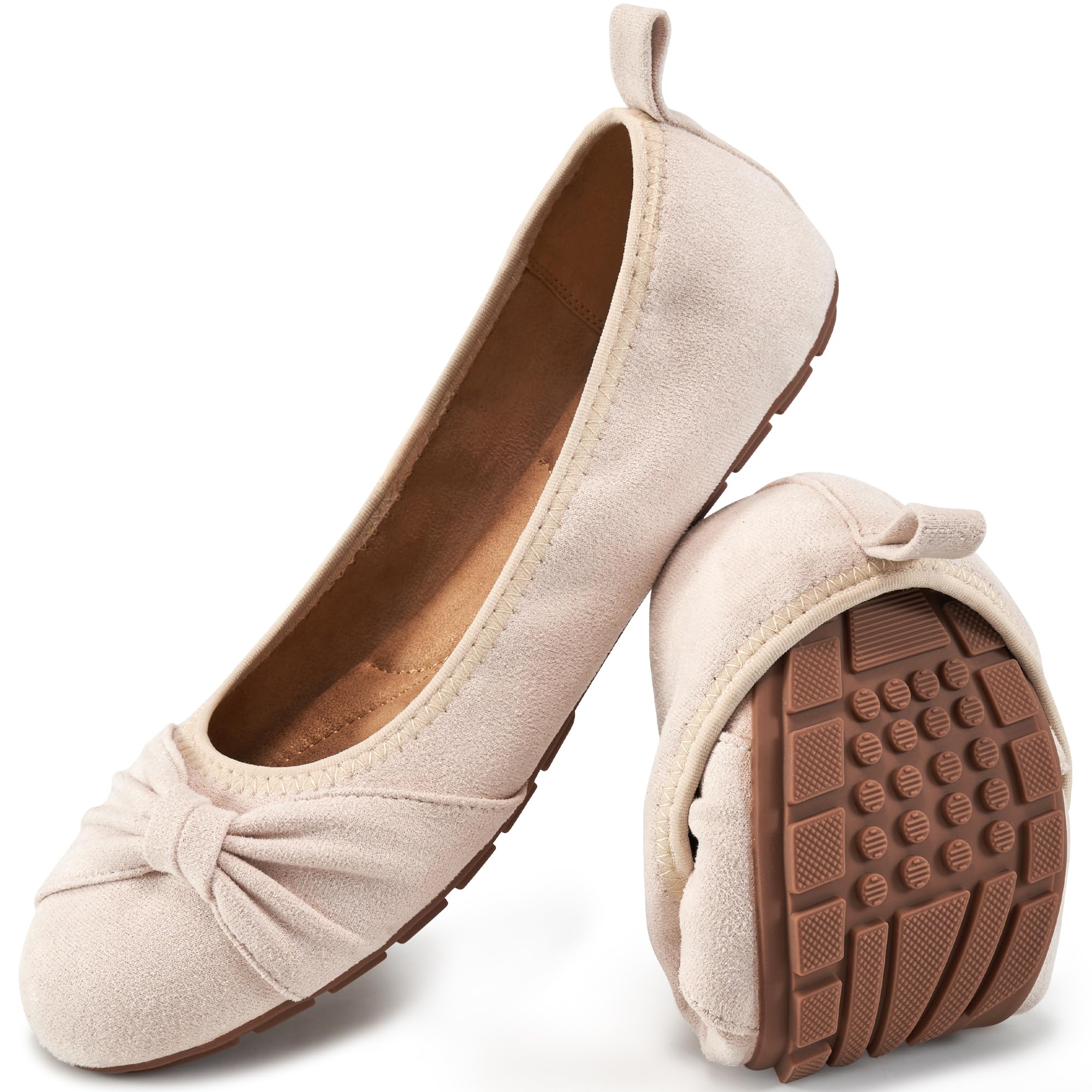 Ecetana Women's Ballet Flats Shoes Dressy Round Toe Bowknot Slip Ons Comfortable Suede Foldable Loafers for Casual Work Business: 7 Beige