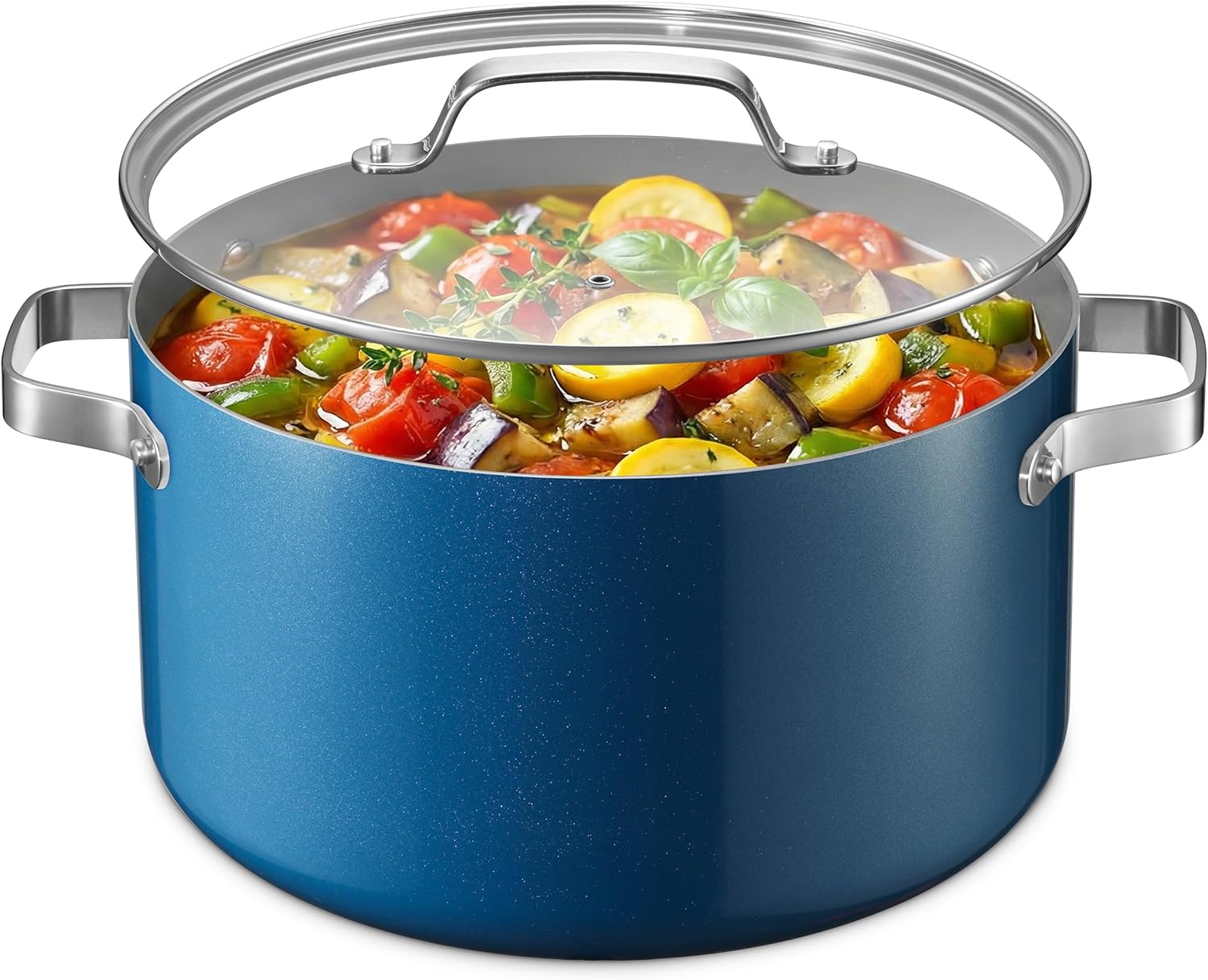 Bakken 12.5 Quart Ceramic Coated Stock Pot with Lid, Easy Clean Nonstick Pot, Tempered Glass Lid, Riveted Stainless Steel Handles, Oven Safe Up To 500°F, PTFE & PFAS Free, All Stove Compatible, Blue
