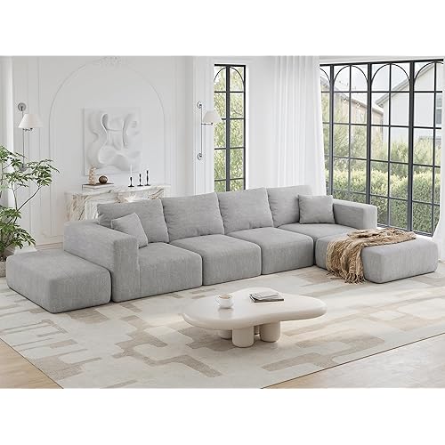CUGOAO 152'' Modern Boneless Couch, Oversized 2-in-1 Modular Sectional Sofa Bed, Extra Deep Seat Upholstery Cloud Couch, Boneless Couches for Living Room, No Assembly Required, Grey Chenille