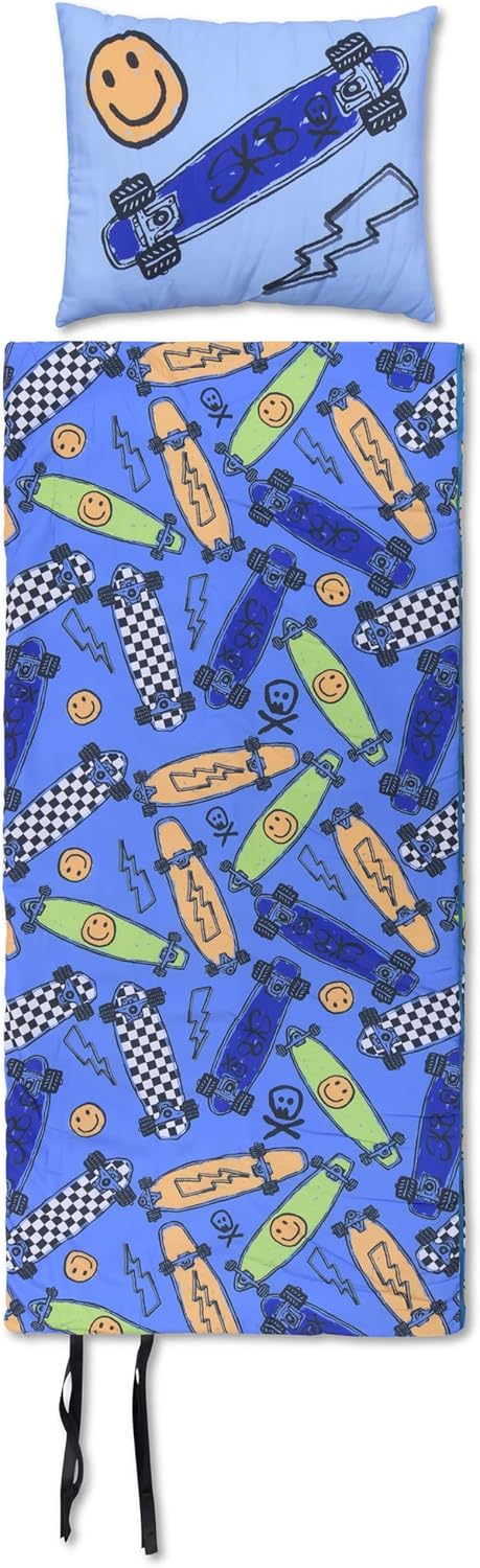 iscream Bold Print Cozy Silky Soft Fleece Lined Sleeping Bag and Pillow Set for Kids - Sk8board