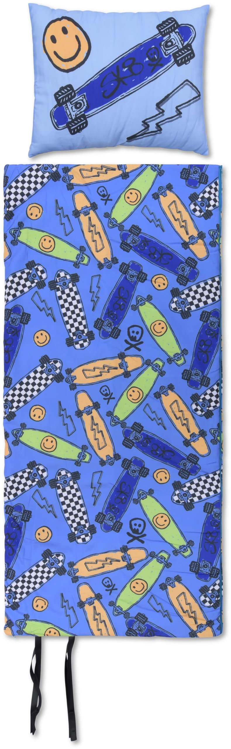 iscream Bold Print Cozy Silky Soft Fleece Lined Sleeping Bag and Pillow Set for Kids - Sk8board