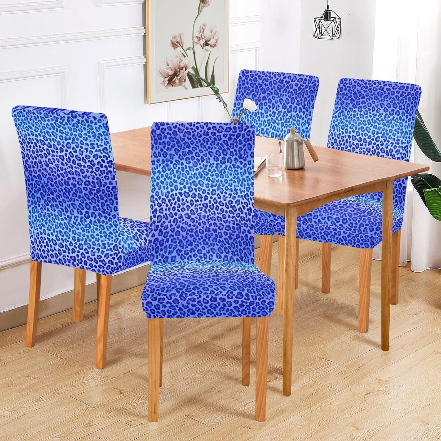 ALAZA Chair Covers for Dining Room, Blue Leopard Cheetah Print Stretch Chair Cover Sets Chair Protector Removable Washable for Ktichen Restaurant Hotel