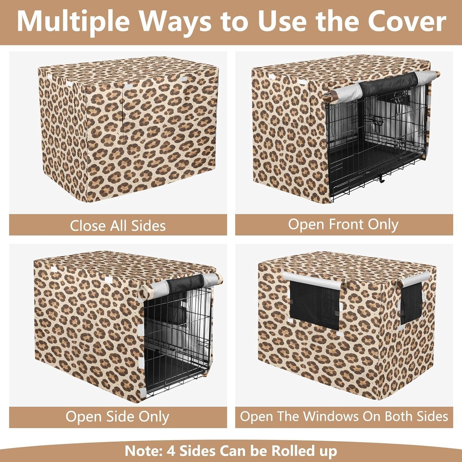 Wild Leopard Pattern Dog Crate Cover 600D Oxford Pet Kennel Cover with Mesh Window for Dog Cages, Windproof Waterproof Machine Washable, 42"x28"x30"