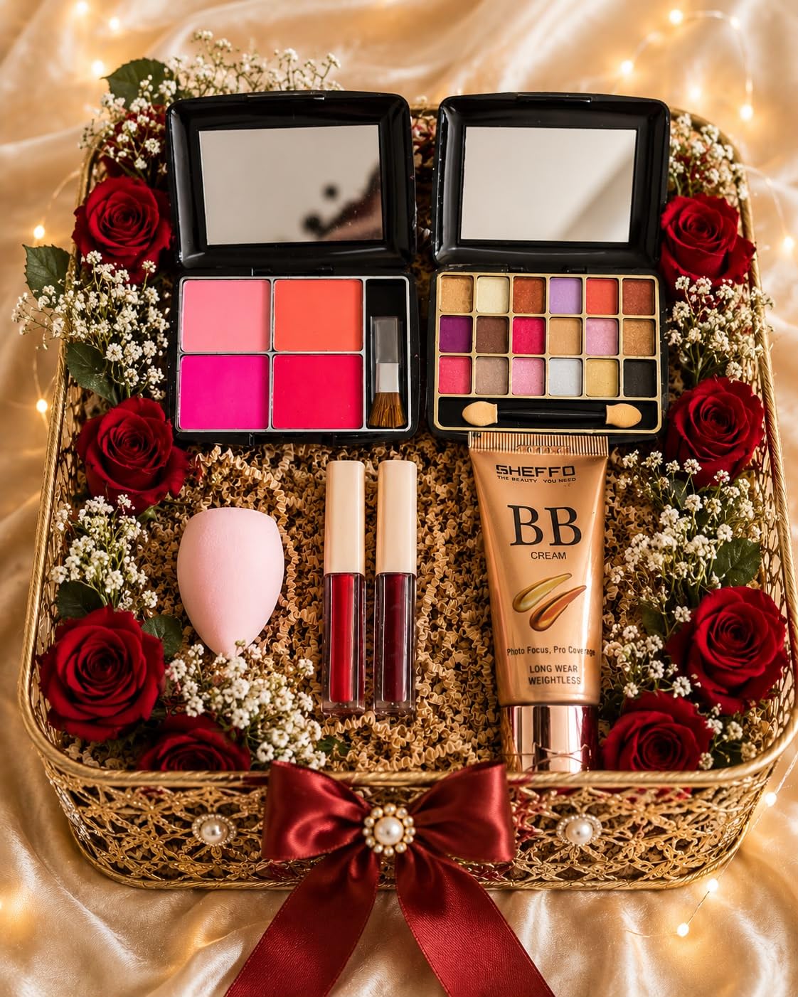 Eyeshadow Palette, Blush, BB Cream | Lip Gloss Included, Beauty Sponge, 15-Shade Eyeshadow, Long Wear BB Cream, Decorative Basket-image-16