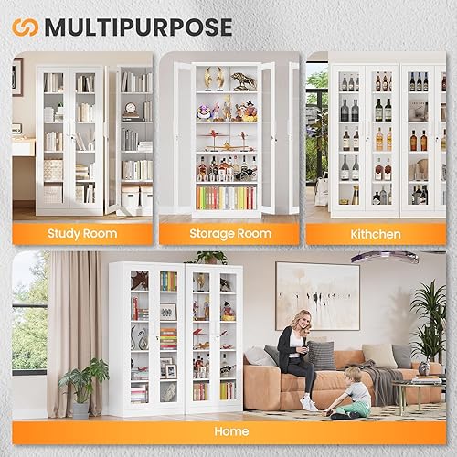 Miniatura 8 de Vitrina con cerradura con puerta de cristal, gabinetes Curio de metal de 71 pulgadas de alto con estantes ajustables, vitrina de licor blanco para