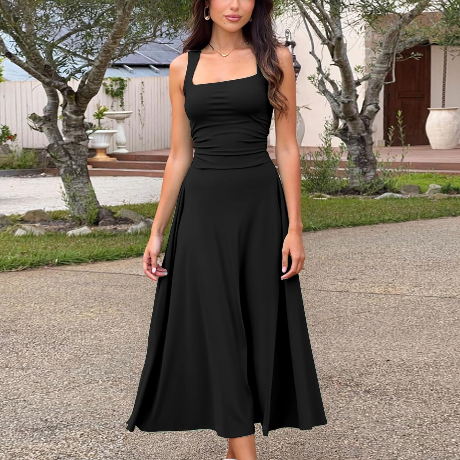 Abito Elegante Cerimonia Lungo Donna Sexy Vestito Senza Maniche Scollo Quadrato Maxi Abiti Aderente da Cocktail Linea A Swing Abito Solido Pieghe in Vita per Festa Discoteca Club Sera
