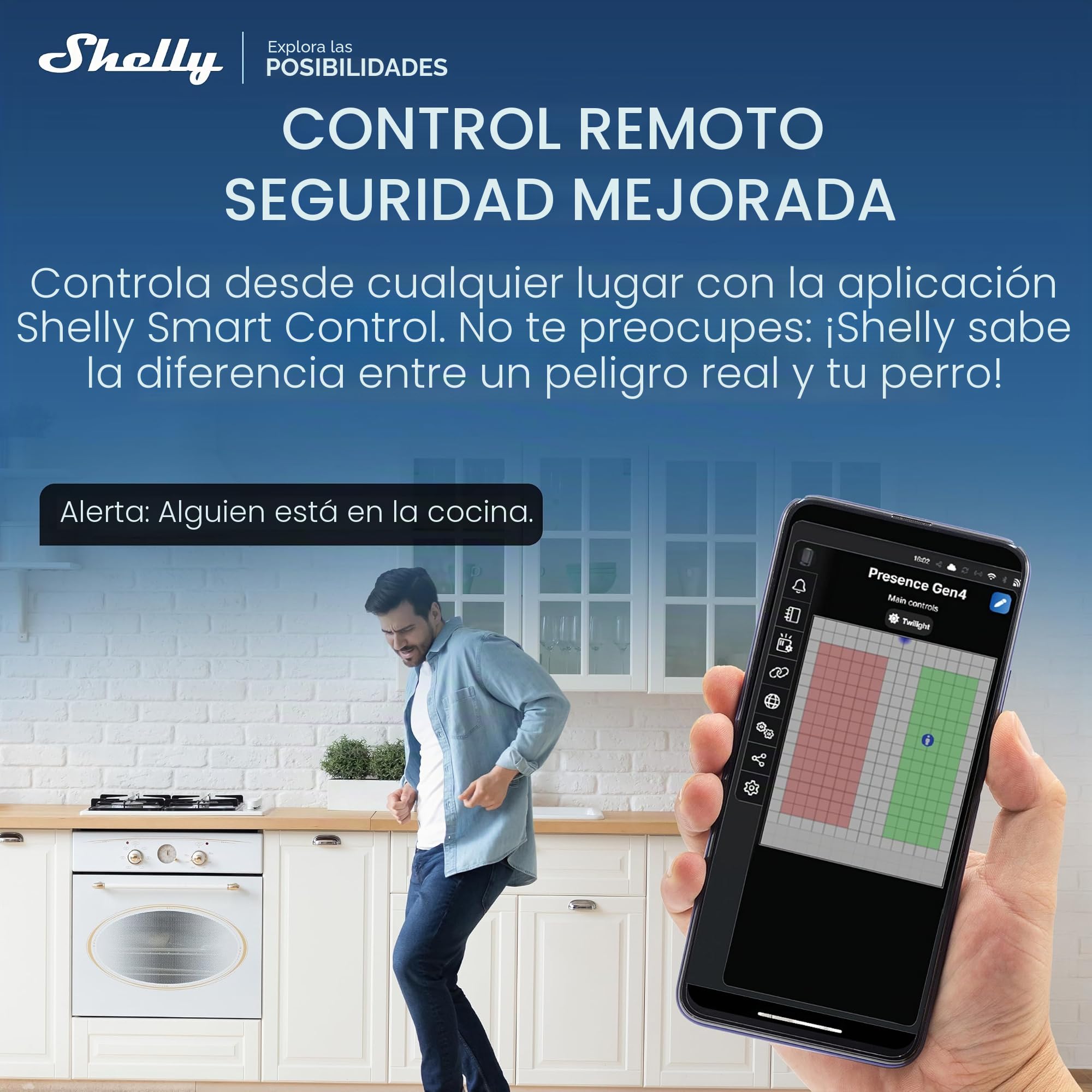 Shelly Presence Gen4 Blanco – Sensor de Movimiento y Presencia Zigbee, Wi-Fi y Matter, 42 m², 180°, Detección 6 Personas y 10 zonas, Montaje en pared o superficie, Control Inalámbrico Shelly App, Alex
