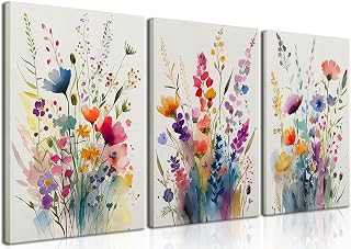 KISSFOX 3-Piece Wildflowers Canvas Wall Art - Colorful Watercolor Floral Prints, Ready to Hang for Bedroom, Living Room, Bathroom