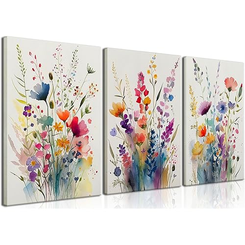 KISSFOX 3 Piece Colorful Wildflower Botanical Framed Wall Art Watercolor Floral Canvas Art Prints Boho Flower Pictures Wall Decor Modern Minimalism Paintings Artwork Girls Bedroom Living Room Bathroom