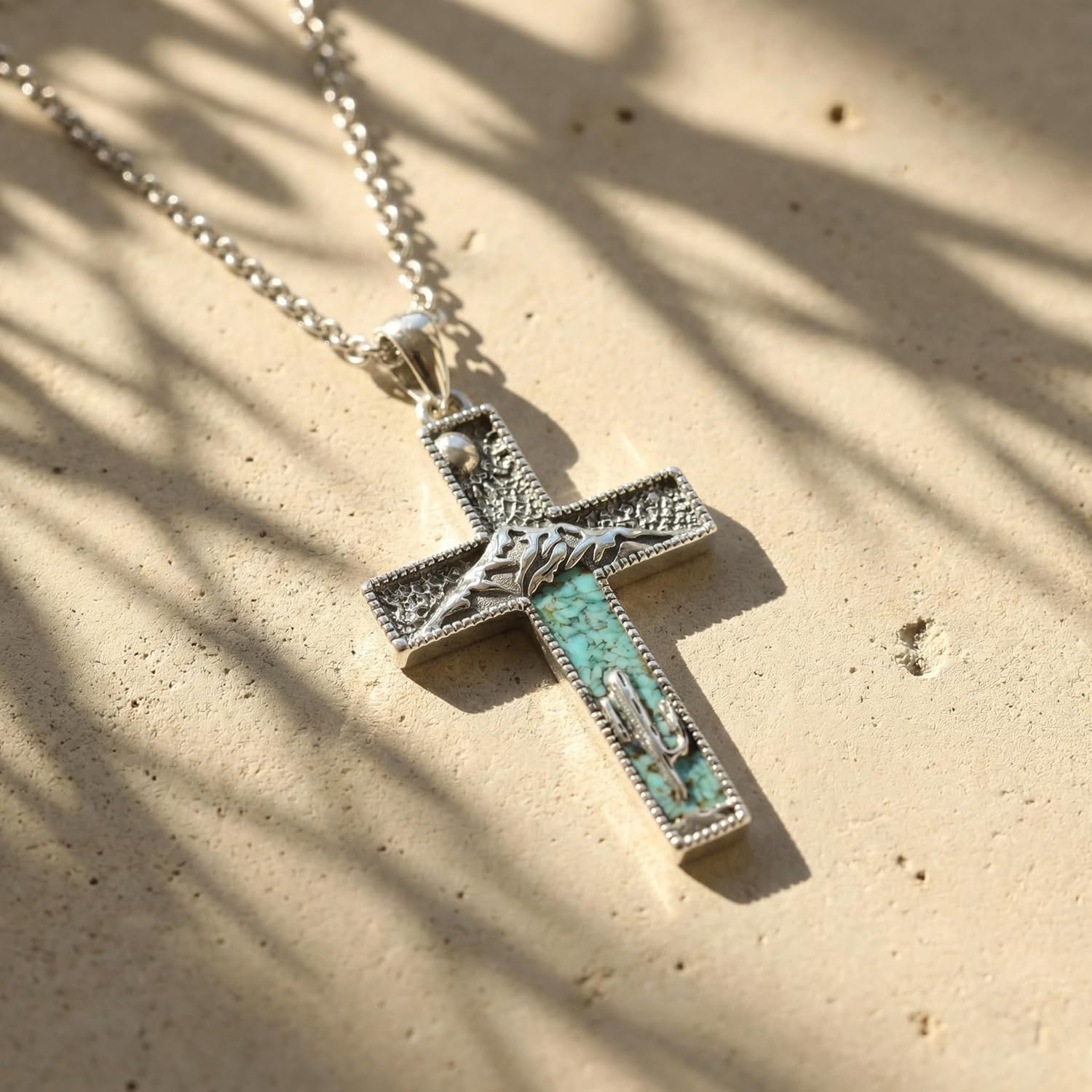 Western Cross Necklace Created Turquoise Cactus Mountain Necklace Western Cross Jewelry Gifts for Women Religion Christian Catholic