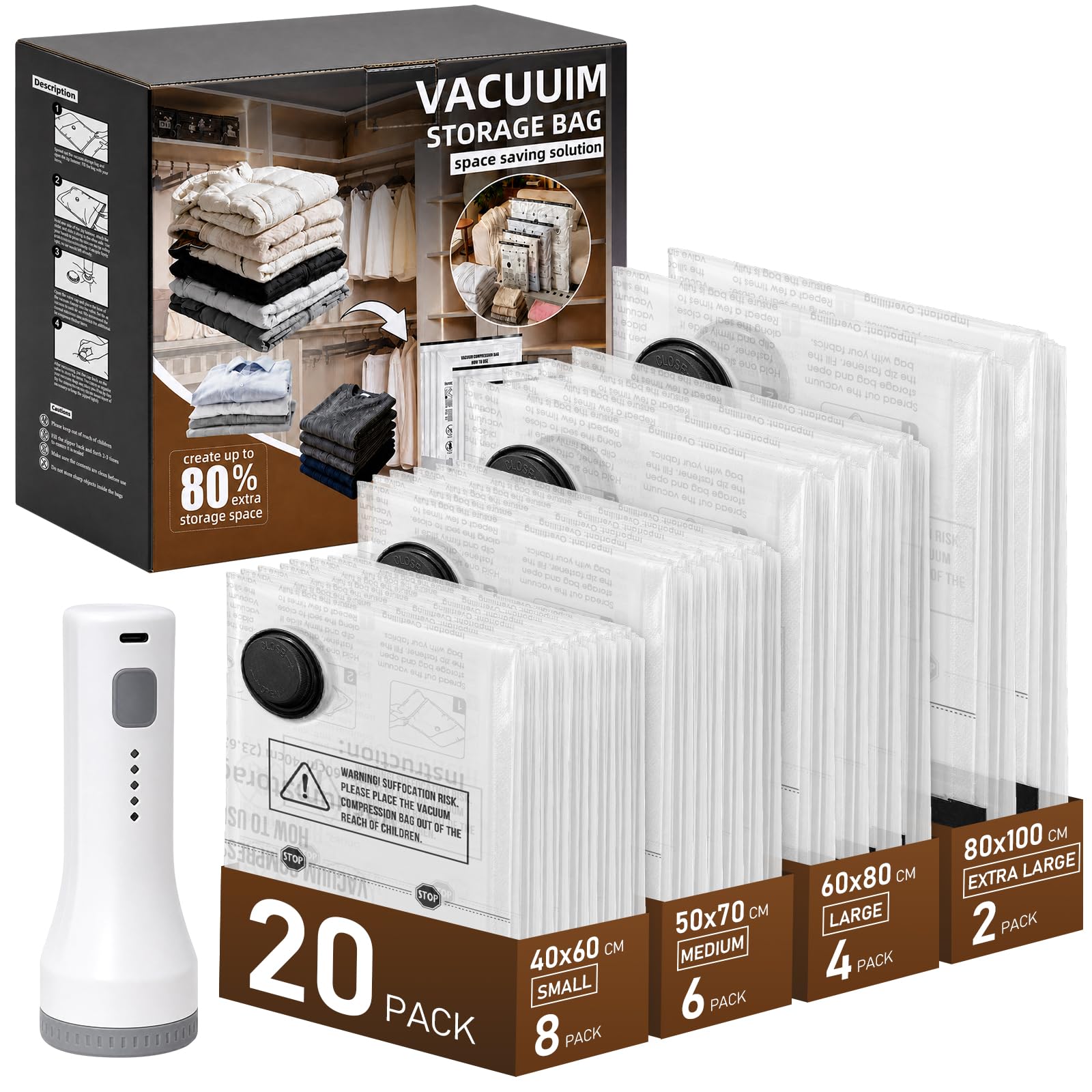 Vacuum Storage Bags with Electric Pump, 20 Pack Reusable Vacuum Compression Bags for Clothes, Bedding, Blankets, Seasonal Home & Travel Storage, 80% Space‑Saver Seal Bags for Suitcases and Luggage