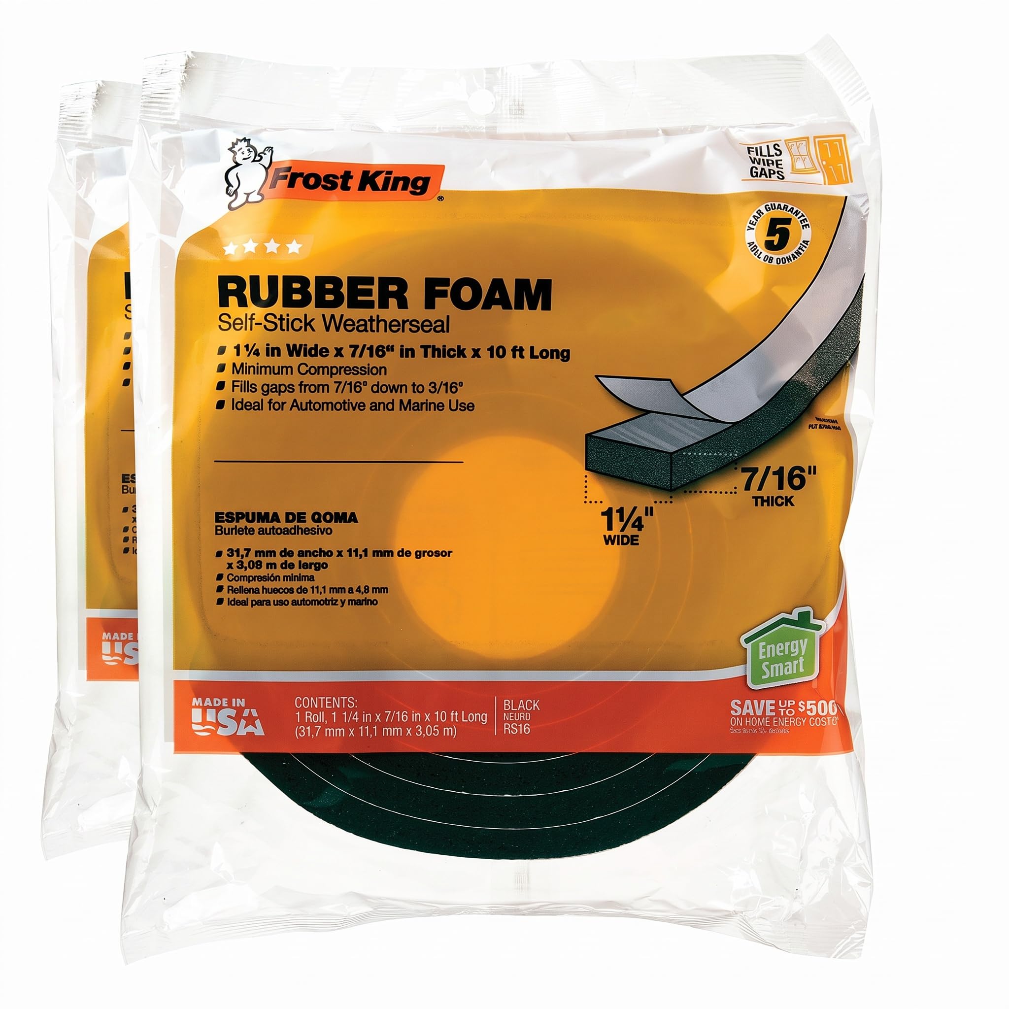 Frost King R516H 1-1/4-Inch by 7/16-Inch by 10-Foot Thick Sponge Rubber Foam Tape, Black (Pack of 2)