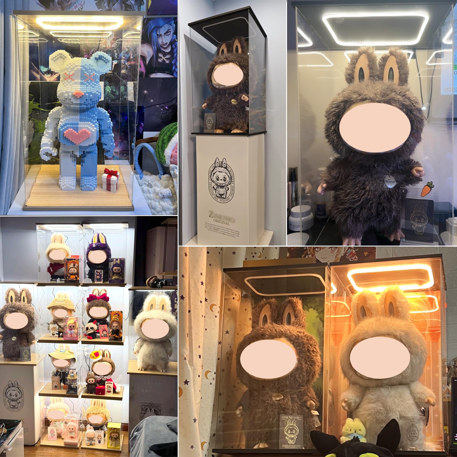 DuvinDD Vetrina acrilica con illuminazione a LED, 35 x 30 x 60 cm, scatola trasparente antipolvere con base nera, adatta per Labubu Zimomo Angel in Clouds & I Found You