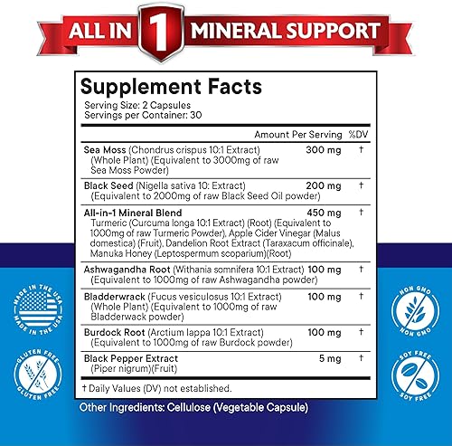 Miniatura 2 de Musgo marino 3000 mg Aceite de semilla negra 2000 mg Ashwagandha 1000 mg cúrcuma 1000 mg vejiga 1000 mg bardana 1000 mg - con manuka, diente de león