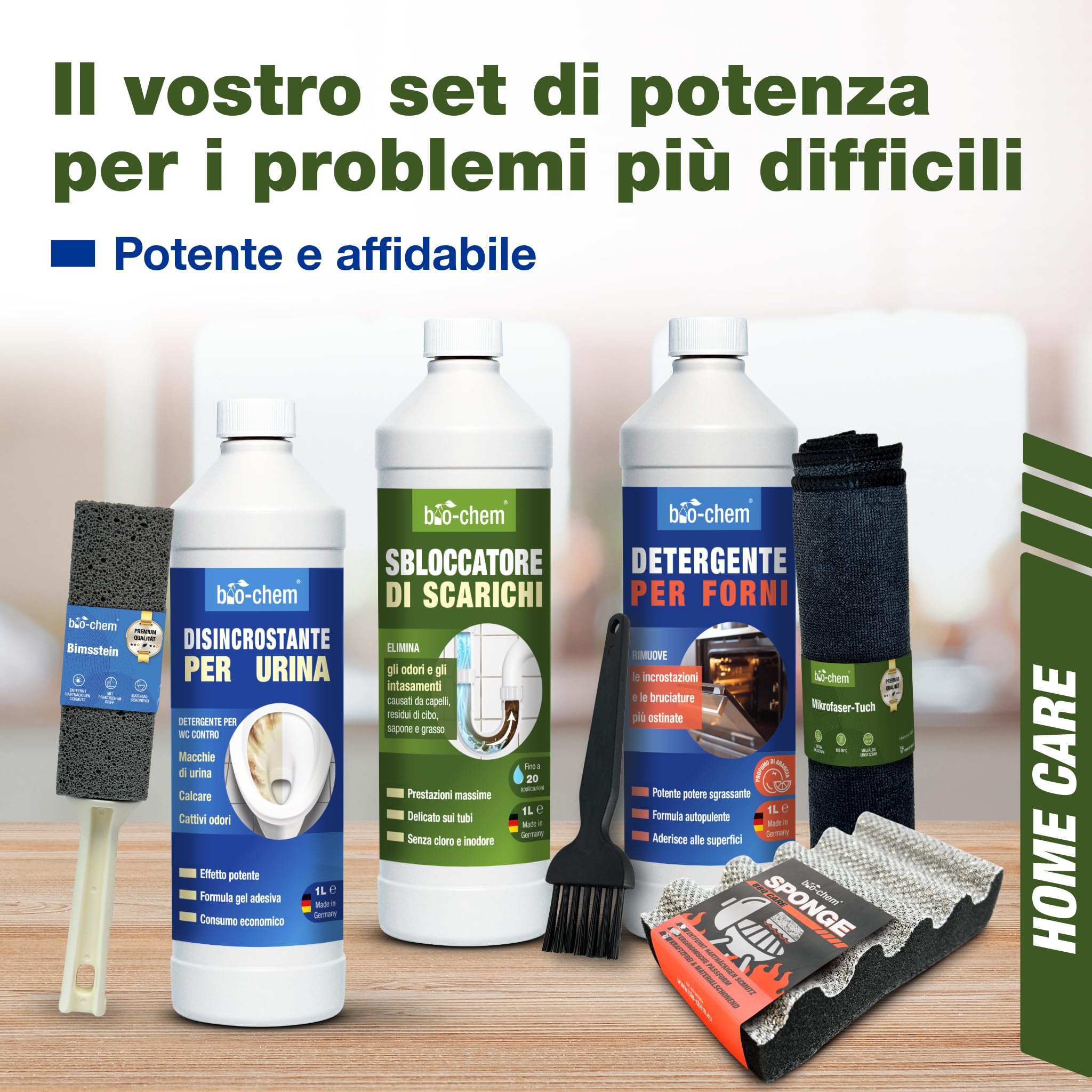 bio-chem Set di 6 prodotti per la pulizia di tubature, WC e forno | Rimuovi urina e calcare - Sblocca scarichi - Pulisci forno - Con spugna, panno e pietra pomice