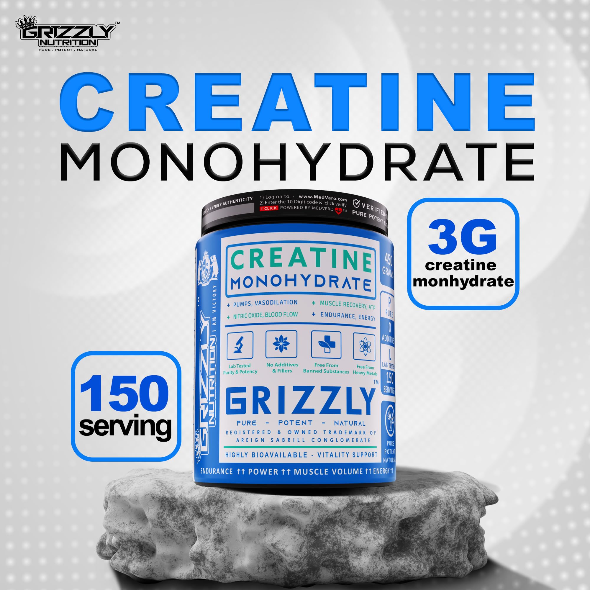 Grizzly Nutrition Creatine Monohydrate Powder, 150 Grams, Pure and Potent, Lab Tested, 50 Servings, Unflavoured 2