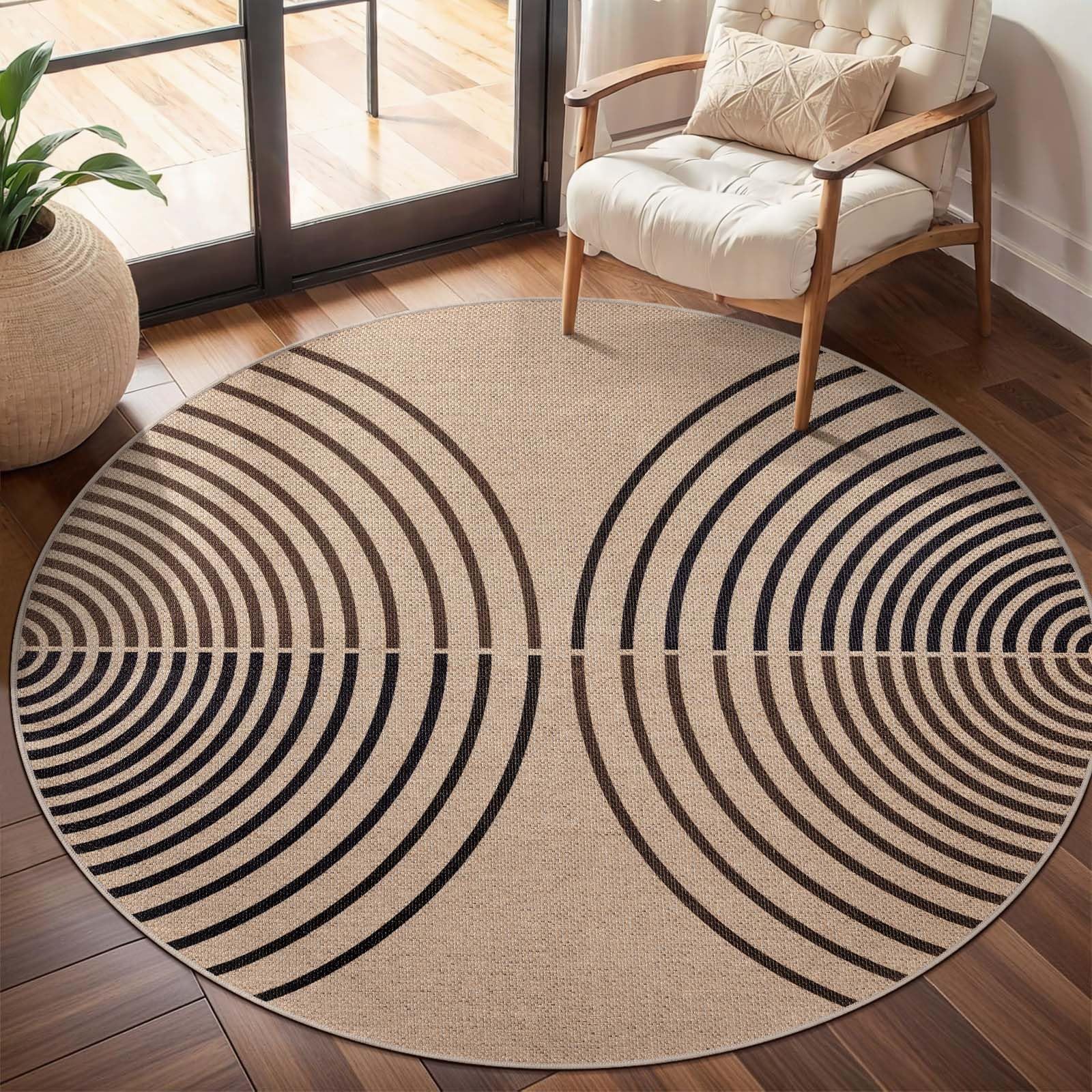 Tangsoo Modern Rainbow Round Rug 4ft Easy Jute Washable Rugs Ultra Thin Dark Brown Indoor Outdoor Rug Circle Farmhouse Mat Non Slip Round Carpet for