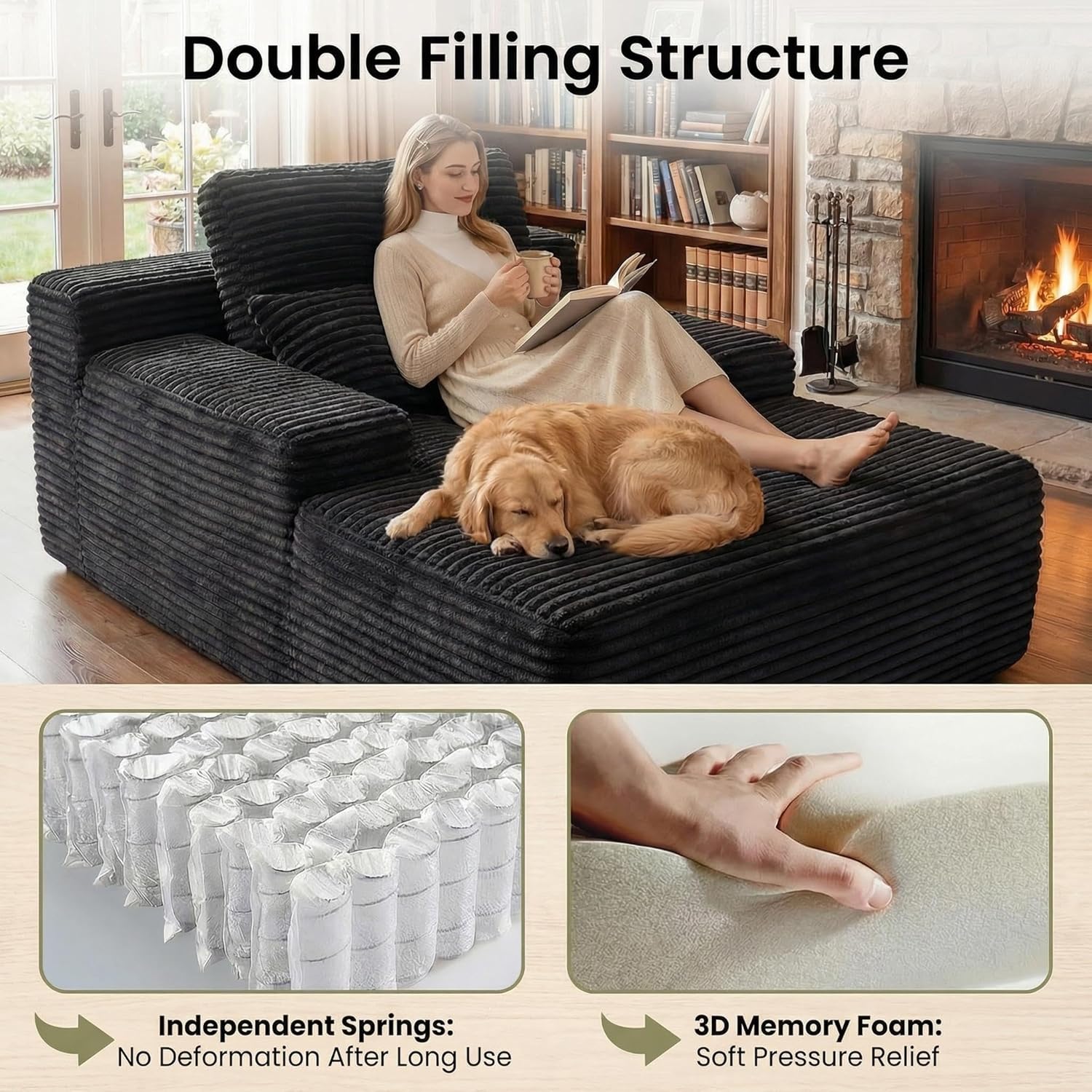 67 Inch Indoor Chaise Lounge Chair, Oversized Corduroy Upholstered Boneless Sofa Bed, Deep Seat Sleeper Couch & Reading Chair, Cloud Sofa for Living Room Bedroom, No Assembly Required
