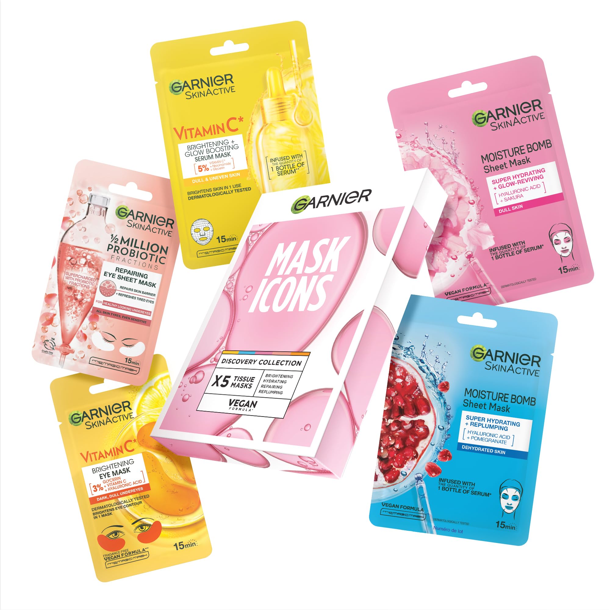 Garnier Mask Icons Discovery Collection - Face & Eye Sheet Masks Set for Dehydrated, Dull and Tired Skin, includes Vitamin C*, Hyaluronic Acid, Niacinamide - Pack of 5 sheet Masks