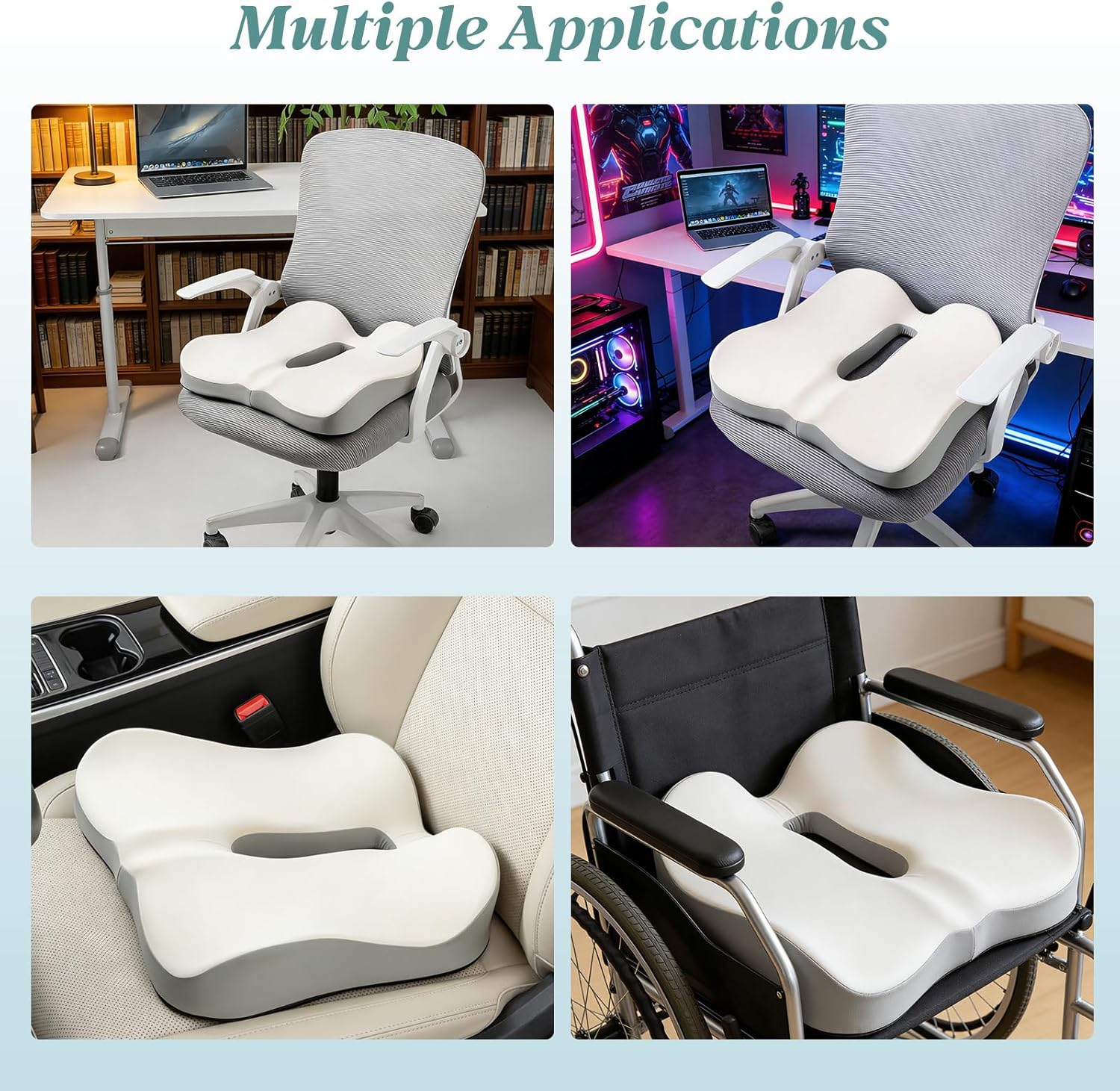 SheRest Seat Cushion, Ergonomic Memory Foam Cooling Cushion, Pressure Relief Suitable for Long Sitting Hours on Office Chairs, Desks, Cars and Airplane Seats, White
