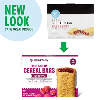 Amazon Grocery, Fruit & Grain Cereal Bars, Raspberry, 1.3 Oz, 8 Ct