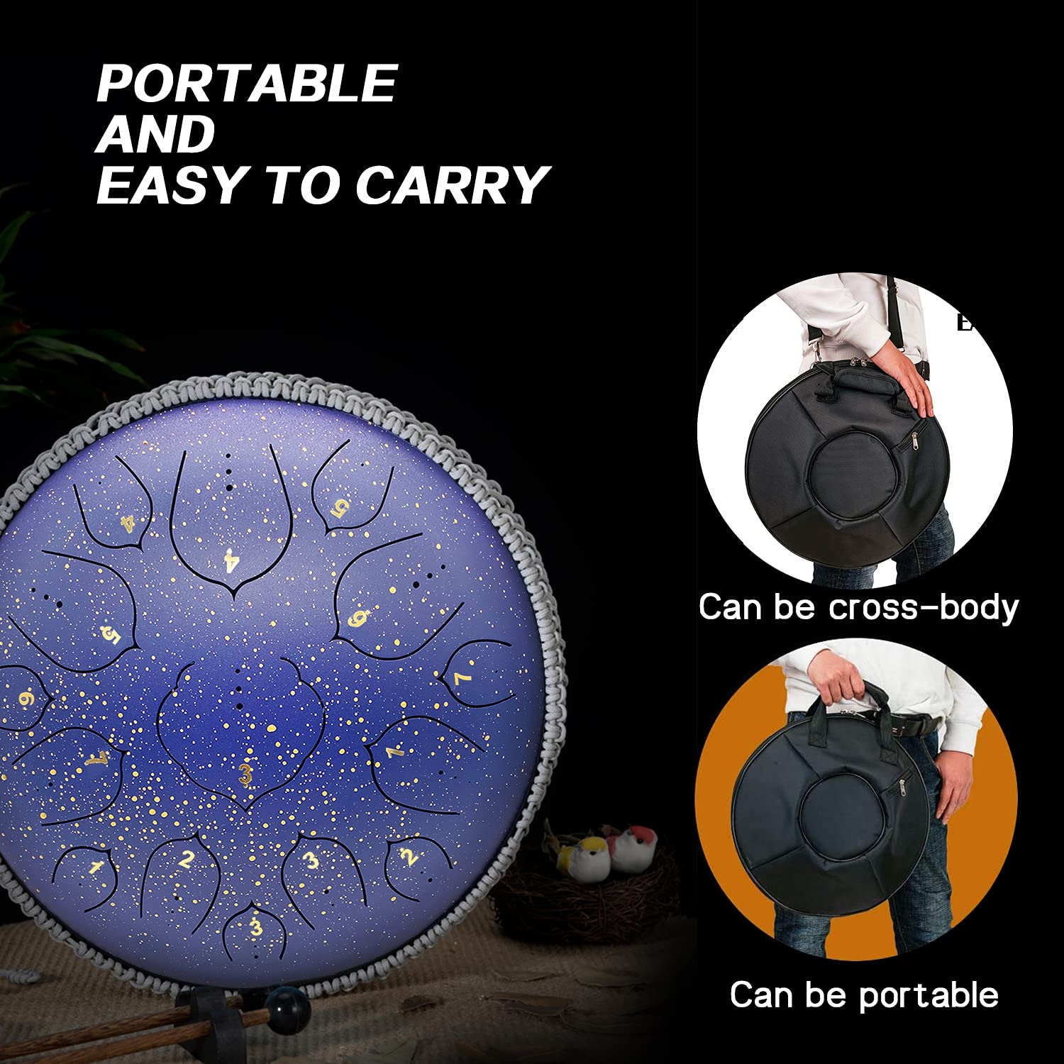 Zungentrommel aus Stahl, 15 Töne, 35.6 cm, Blau, D-Key – Handpan Percussion Instrument – Tank Chakra Trommeln mit gepolsterter Reisetasche, 2 Schlägel, Dekompression, Musik und Geschenk