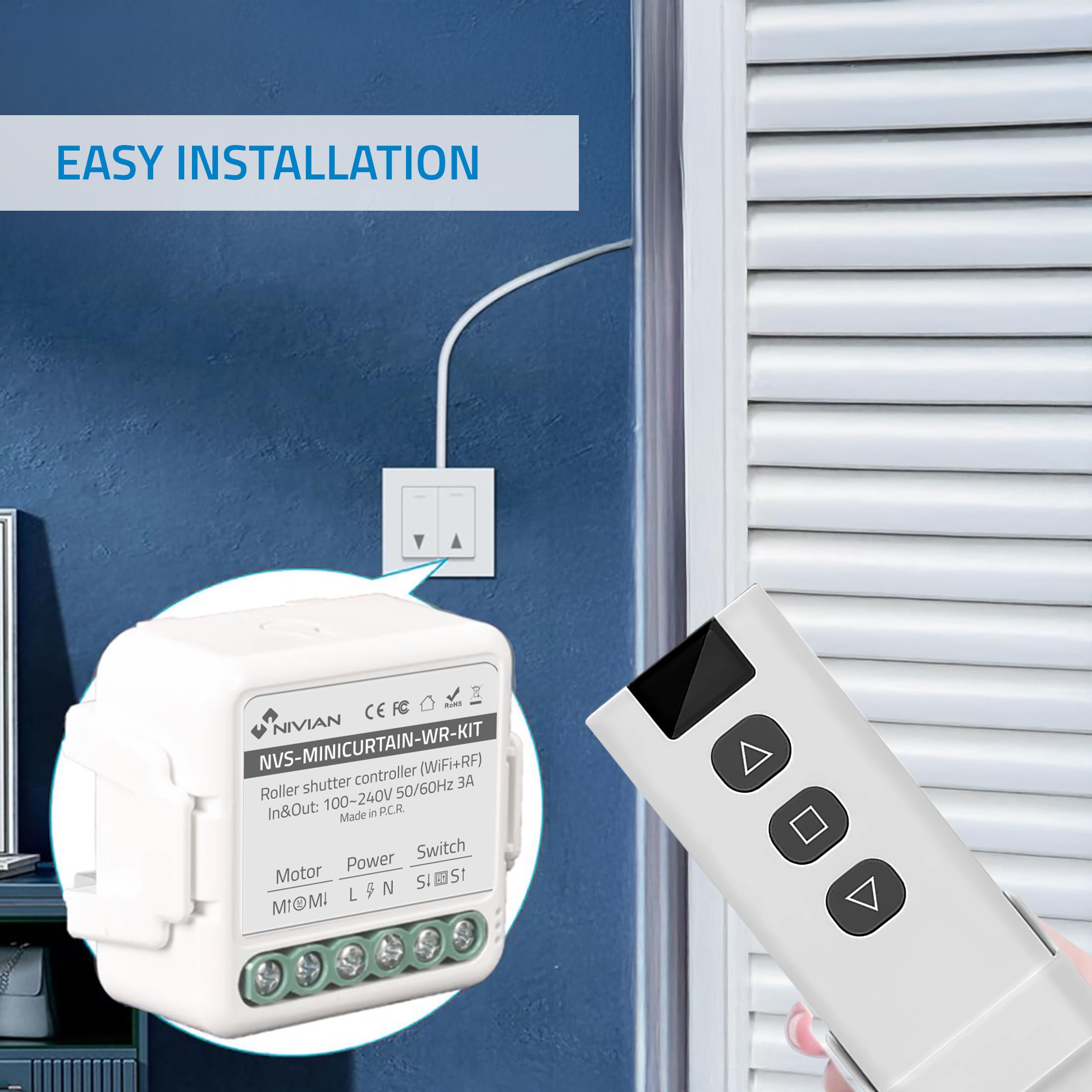 NIVIAN Controlador WiFi para Motor de Persianas con Mando RF. Control Remoto App Tuya. Interruptor Persiana WiFi Programación Horaria, Temporizador y Medición de Consumo. Compatible con Alexa y Google