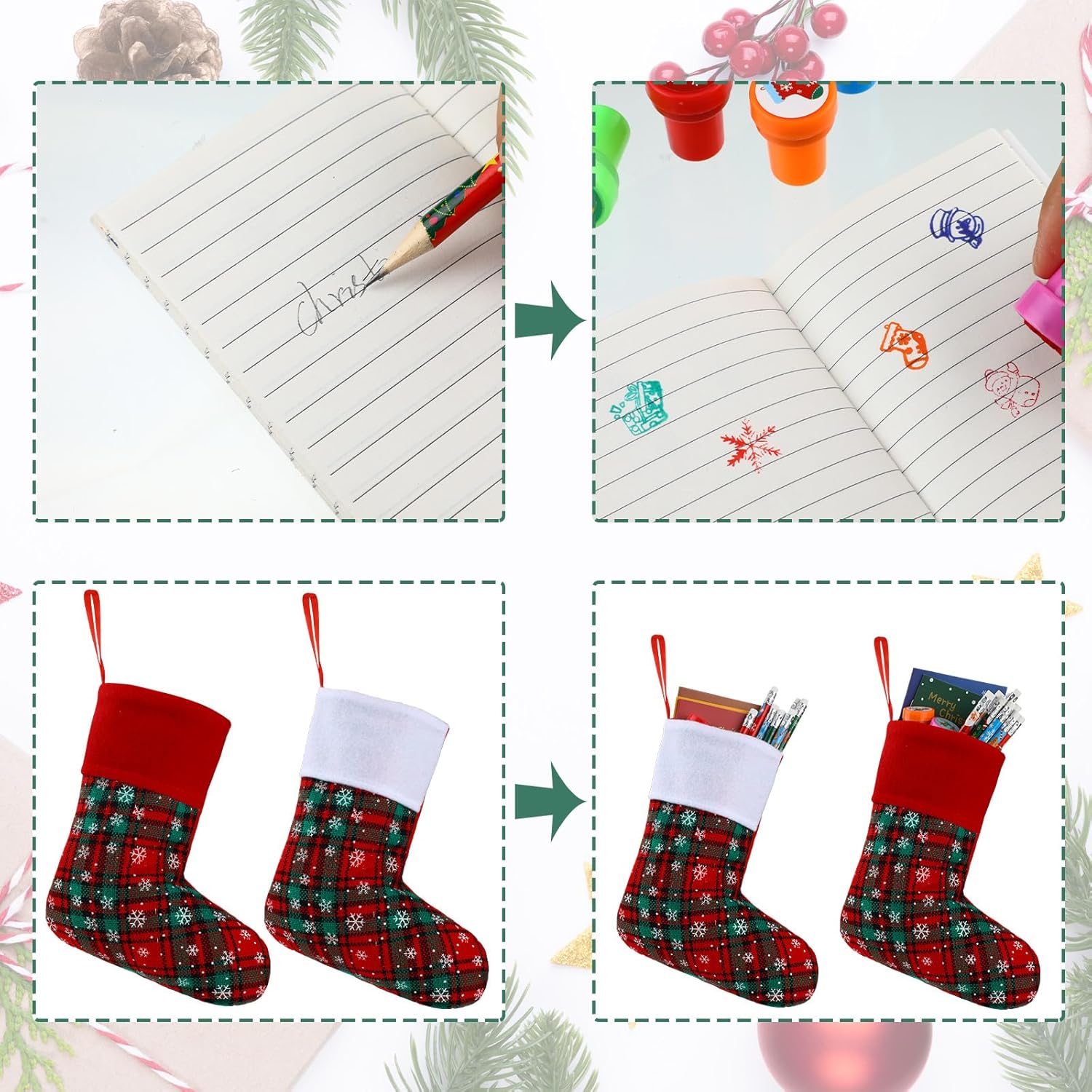 96 Pcs Christmas Stationery Party Favors Xmas Bulk Gifts Stuffers Includes Small Christmas Stockings Pencils with Erasers Stampers Notebook for Xmas Gift Exchange Prize