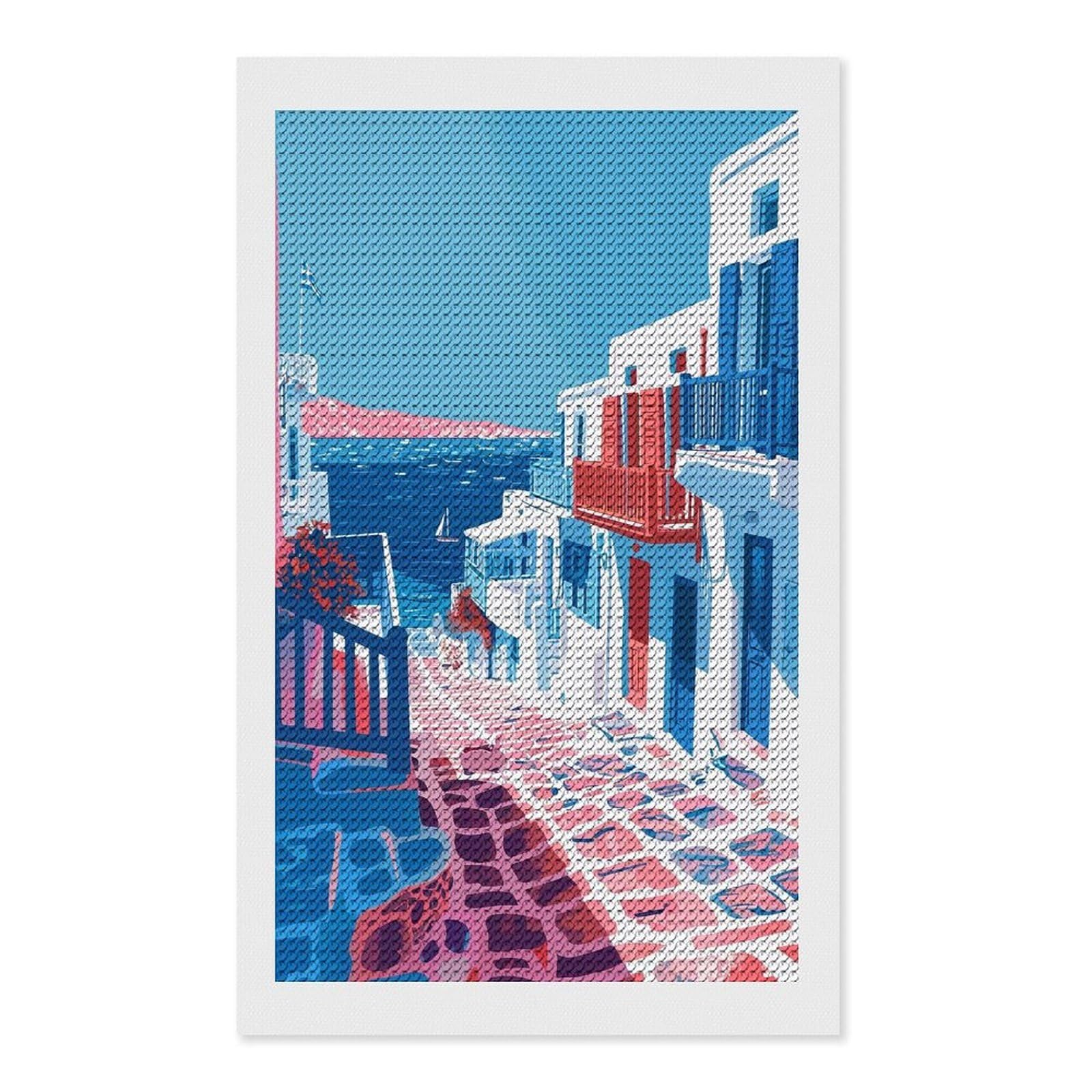 Junmoney Greece Village Minimalist DIY Diamond Art Canvas Kit 12"x20", Complete Accessories, Creative Leisure Activity, Home Wall Decor, Gift Idea
